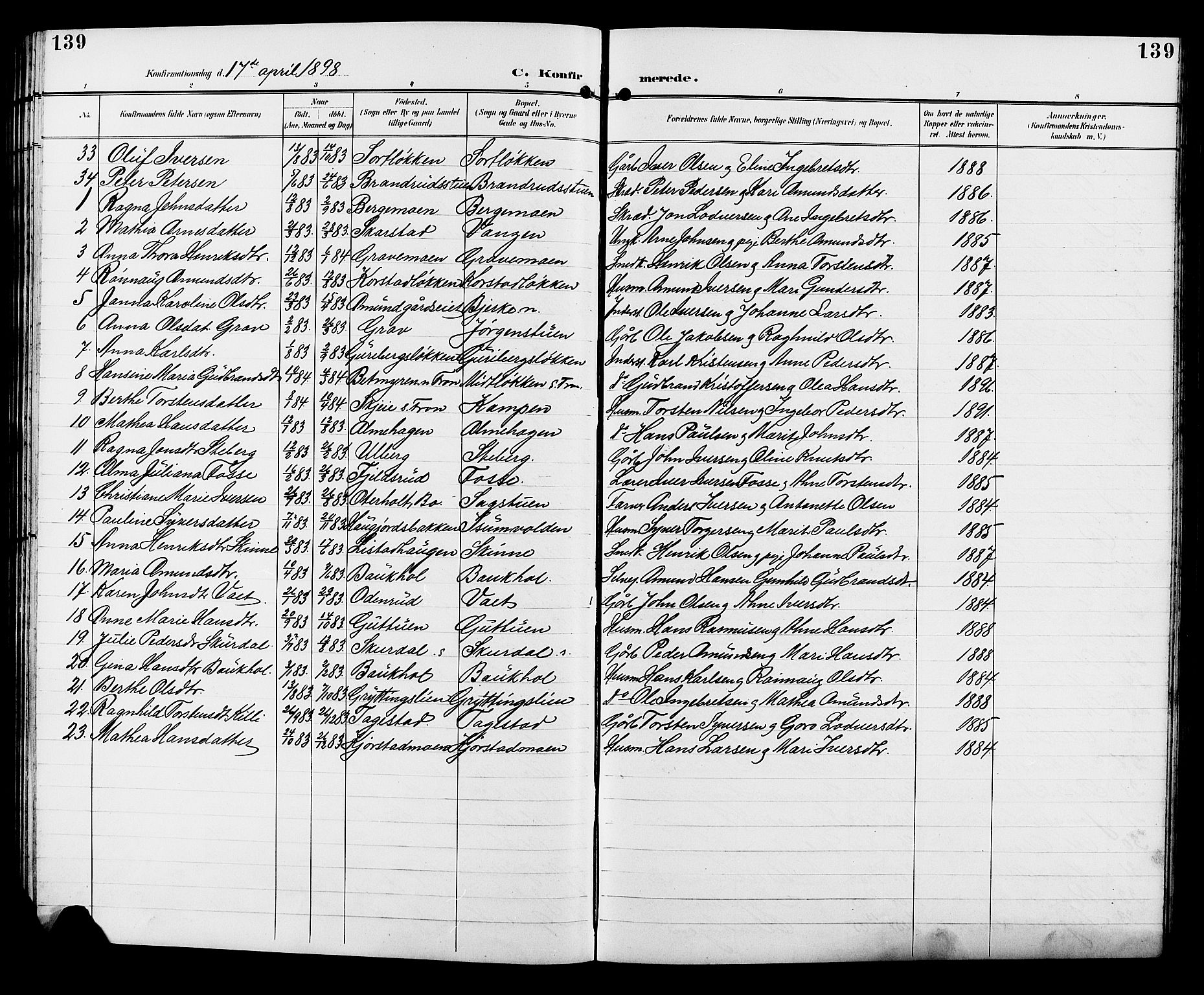 Sør-Fron prestekontor, SAH/PREST-010/H/Ha/Hab/L0004: Parish register (copy) no. 4, 1896-1911, p. 139