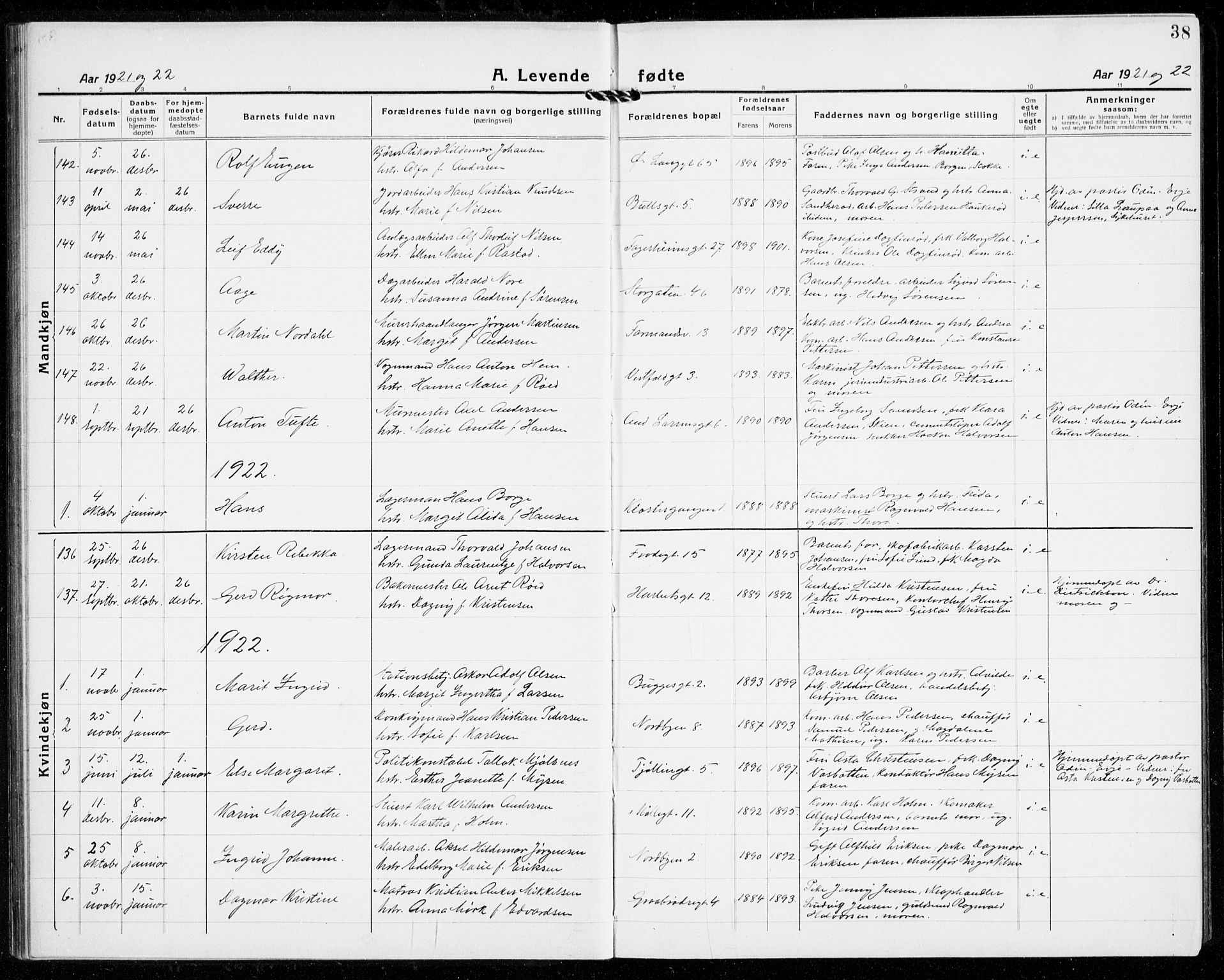 Tønsberg kirkebøker, AV/SAKO-A-330/G/Ga/L0010: Parish register (copy) no. 10, 1920-1942, p. 38