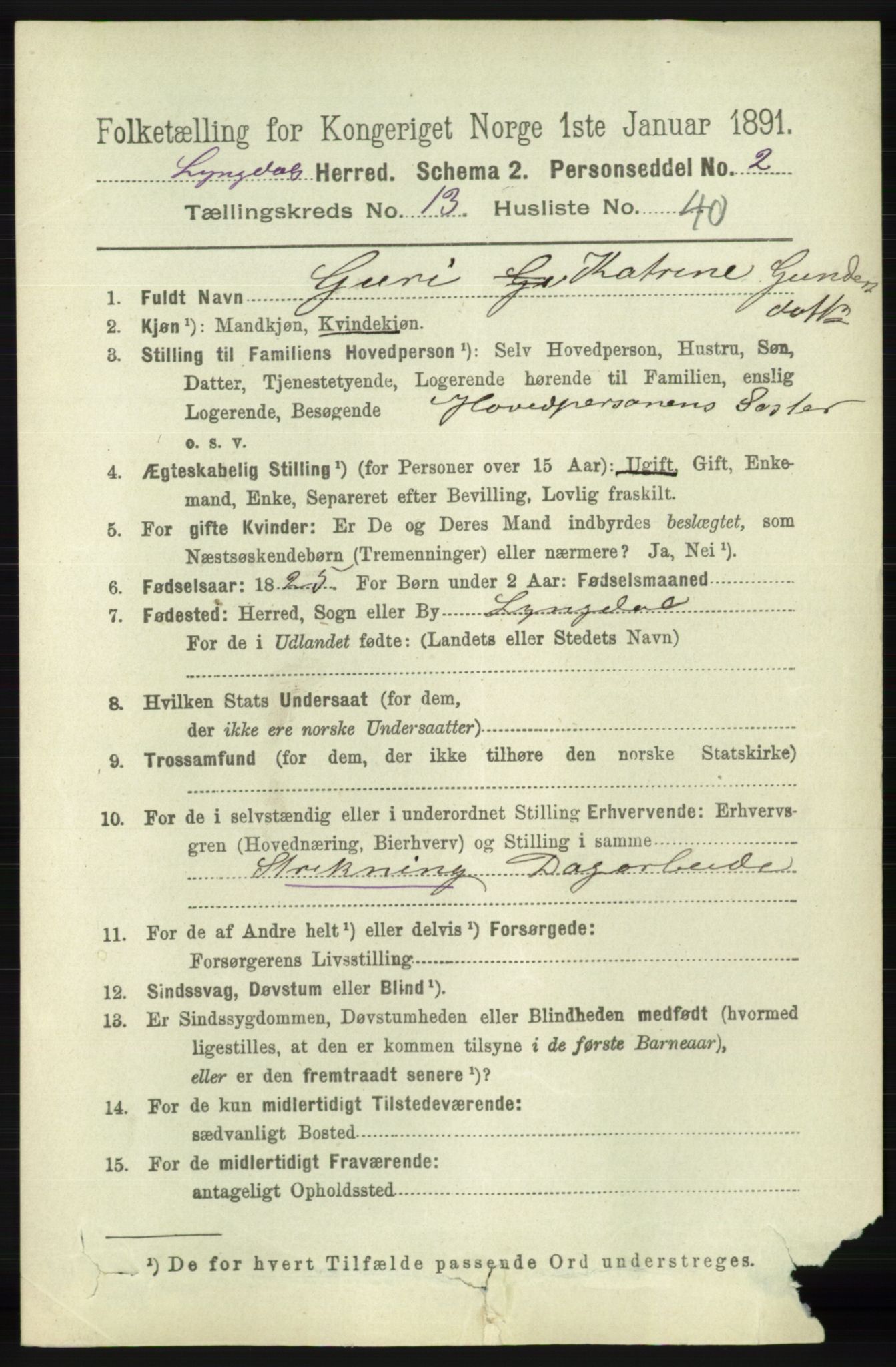 RA, 1891 census for 1032 Lyngdal, 1891, p. 5804