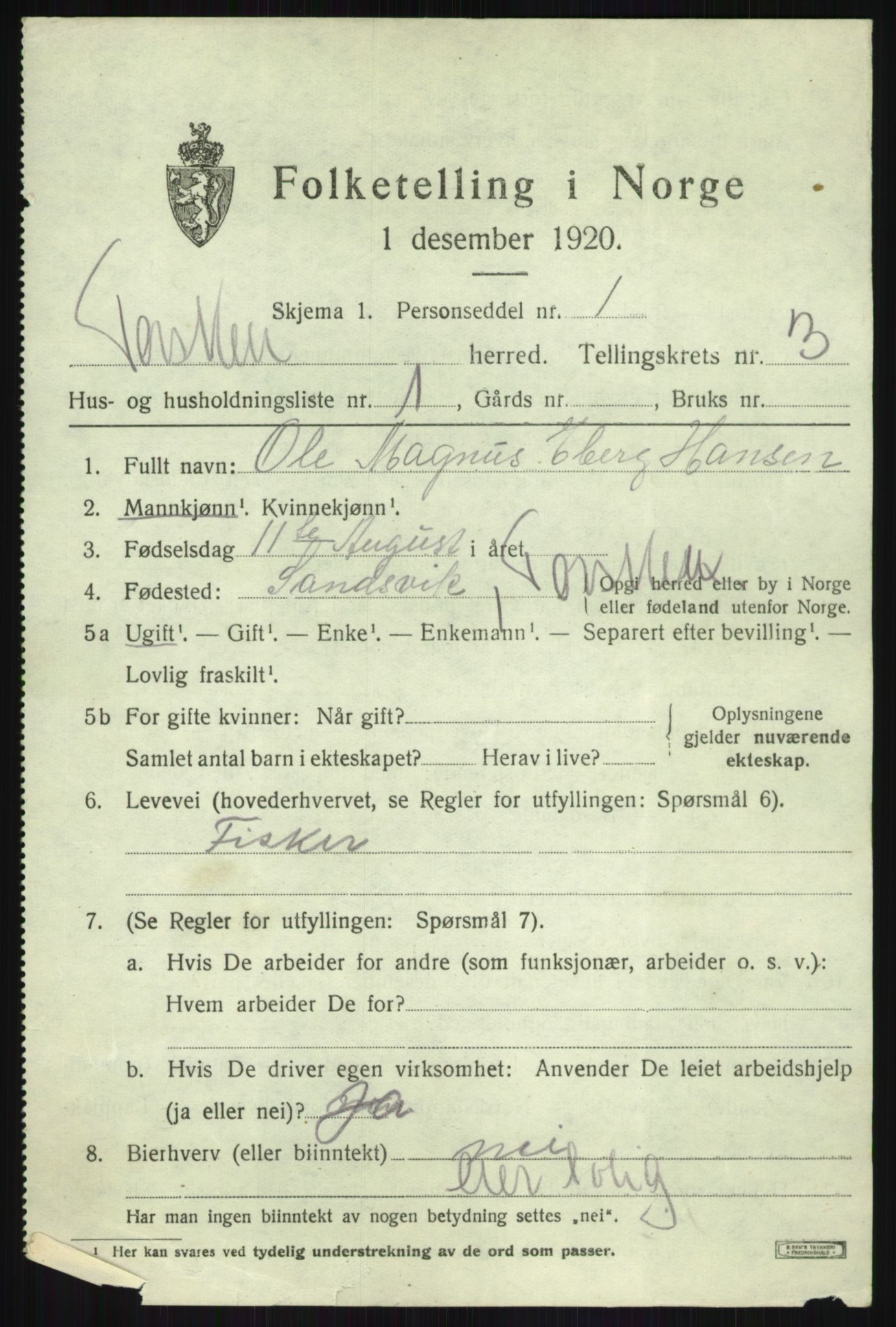 SATØ, 1920 census for Torsken, 1920, p. 872