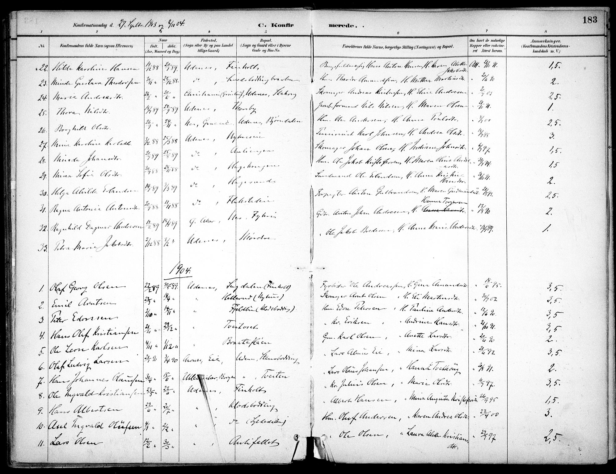 Nes prestekontor Kirkebøker, AV/SAO-A-10410/F/Fc/L0002: Parish register (official) no. IIi 2, 1882-1916, p. 183