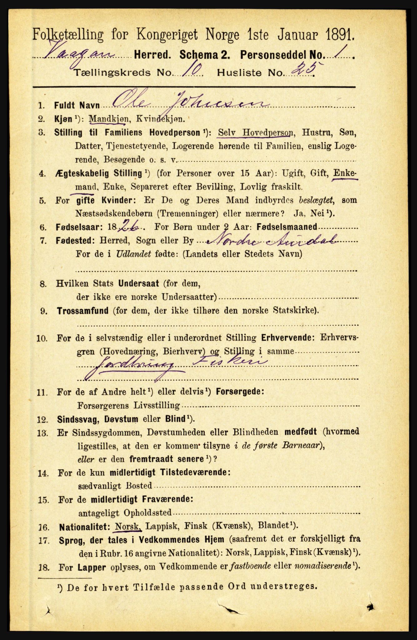 RA, 1891 census for 1865 Vågan, 1891, p. 2703