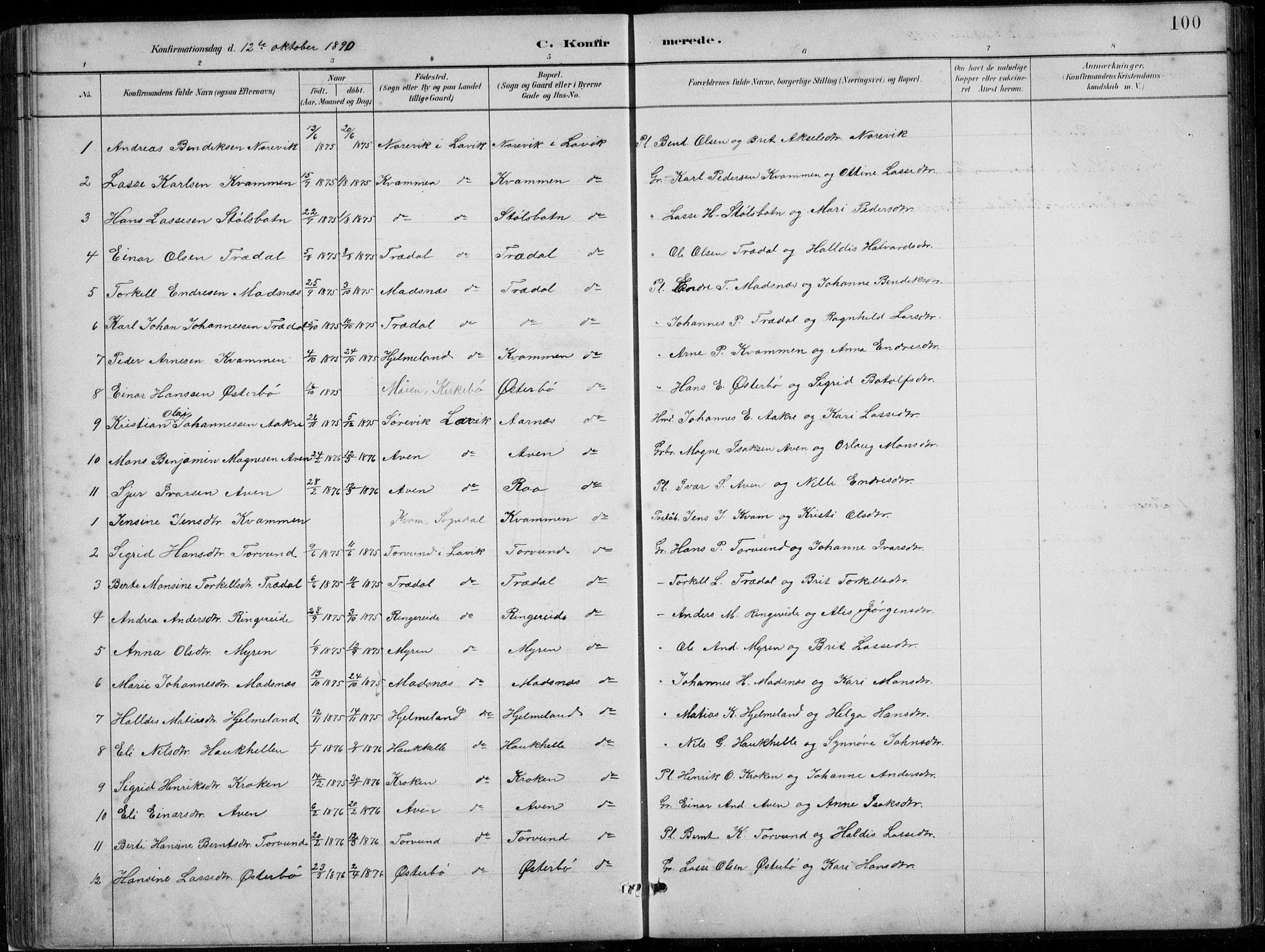 Lavik sokneprestembete, AV/SAB-A-80901: Parish register (copy) no. A 2, 1882-1910, p. 100