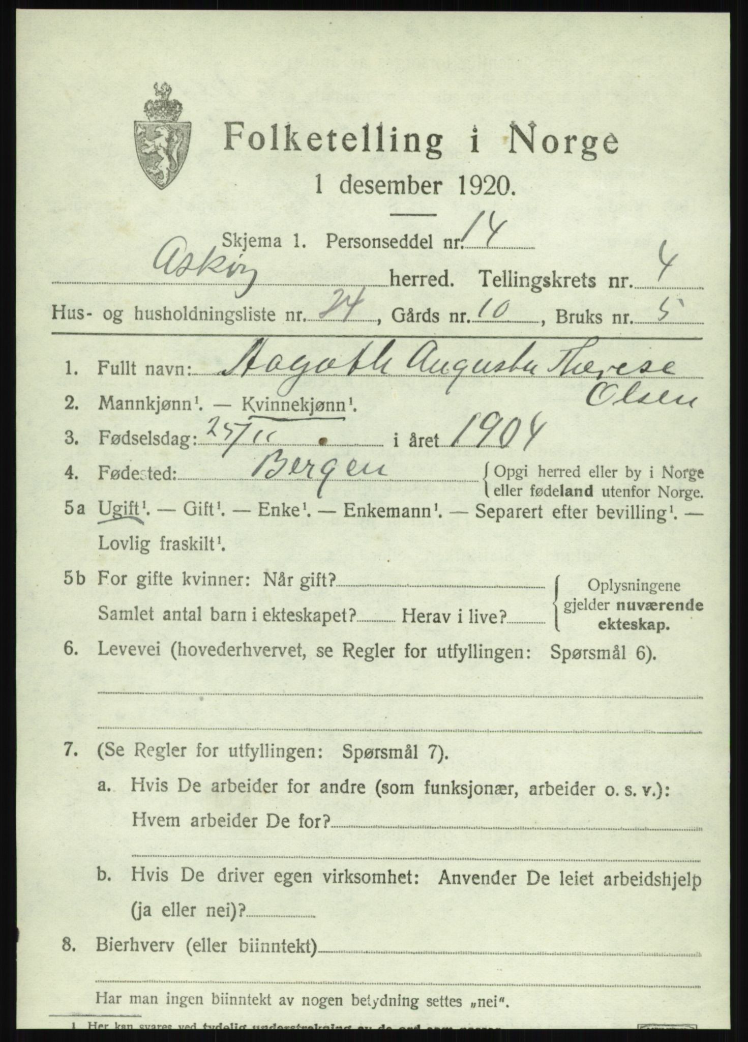 SAB, 1920 census for Askøy, 1920, p. 7922