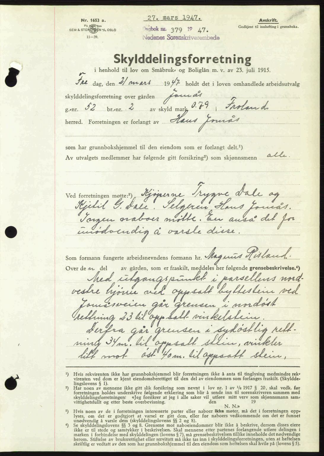 Nedenes sorenskriveri, AV/SAK-1221-0006/G/Gb/Gba/L0057: Mortgage book no. A9, 1947-1947, Diary no: : 379/1947