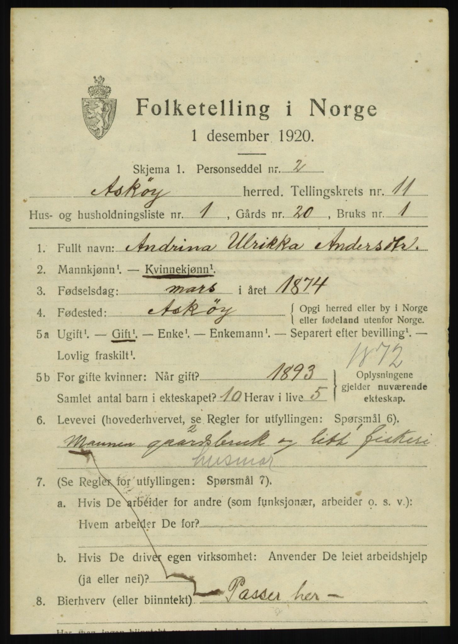 SAB, 1920 census for Askøy, 1920, p. 13186