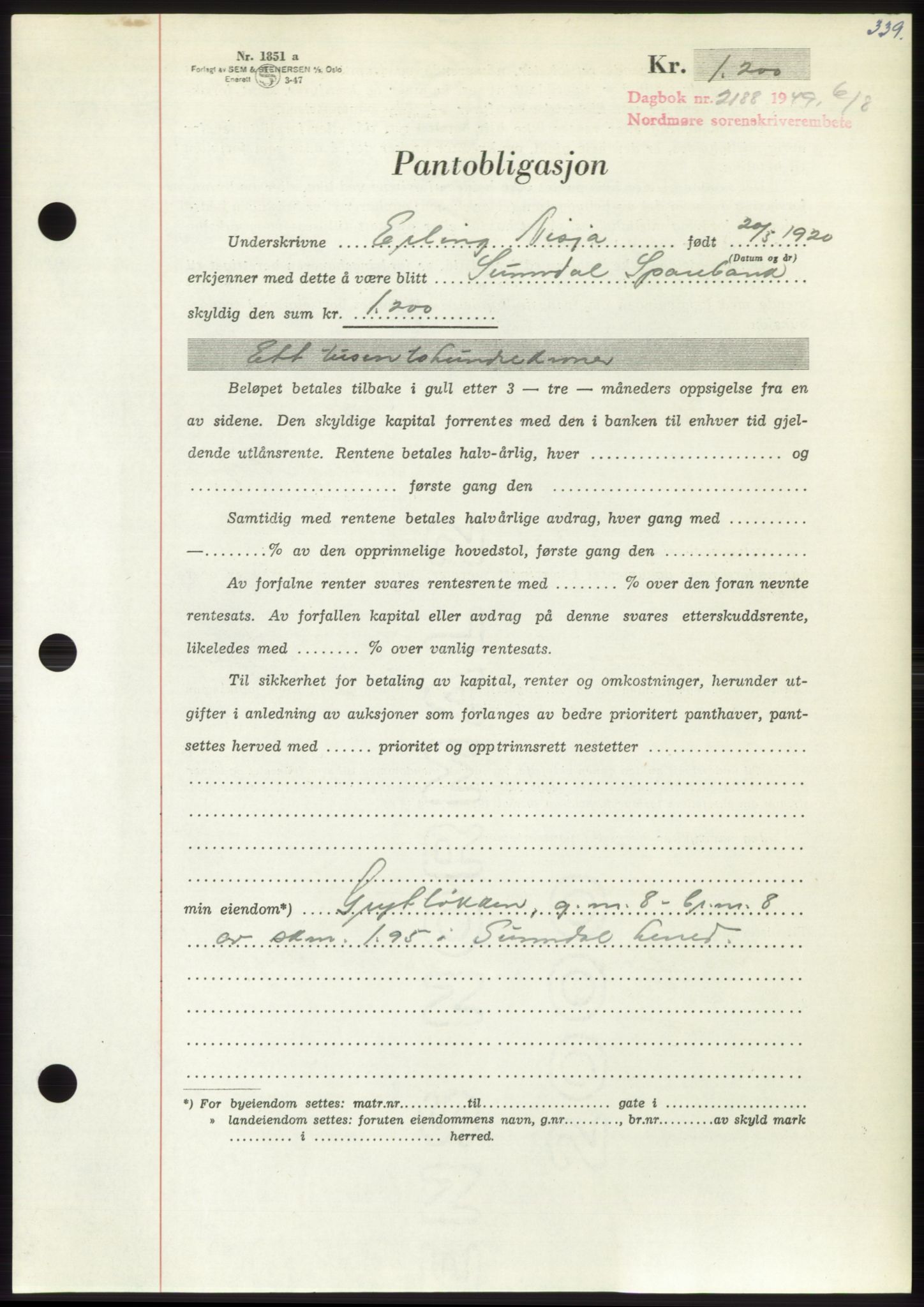 Nordmøre sorenskriveri, AV/SAT-A-4132/1/2/2Ca: Mortgage book no. B102, 1949-1949, Diary no: : 2188/1949