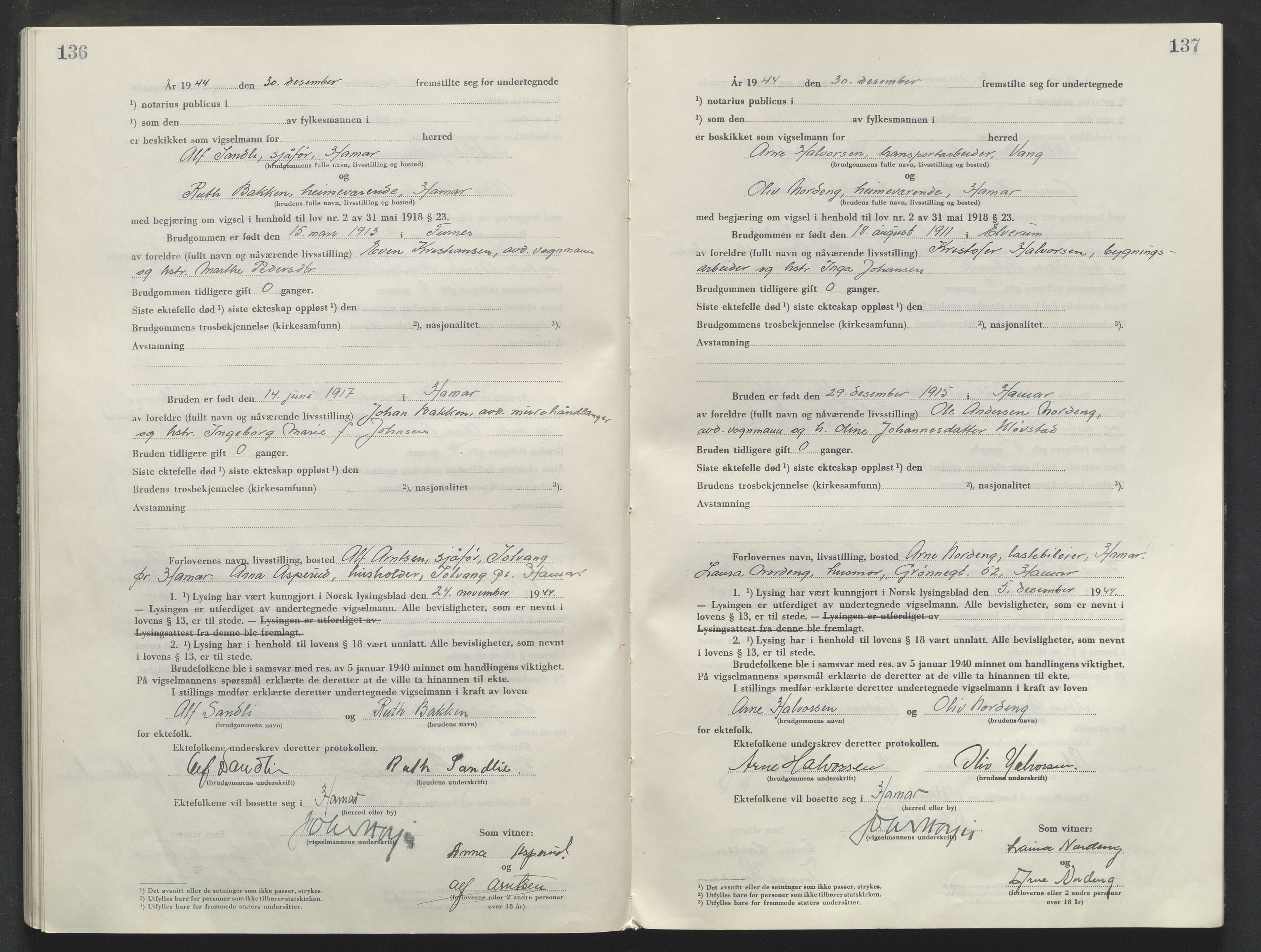 Sør-Hedmark sorenskriveri, AV/SAH-TING-014/L/Le/L0002/0001: Vigselsbøker / Vigselbok, 1944-1945, p. 138-139