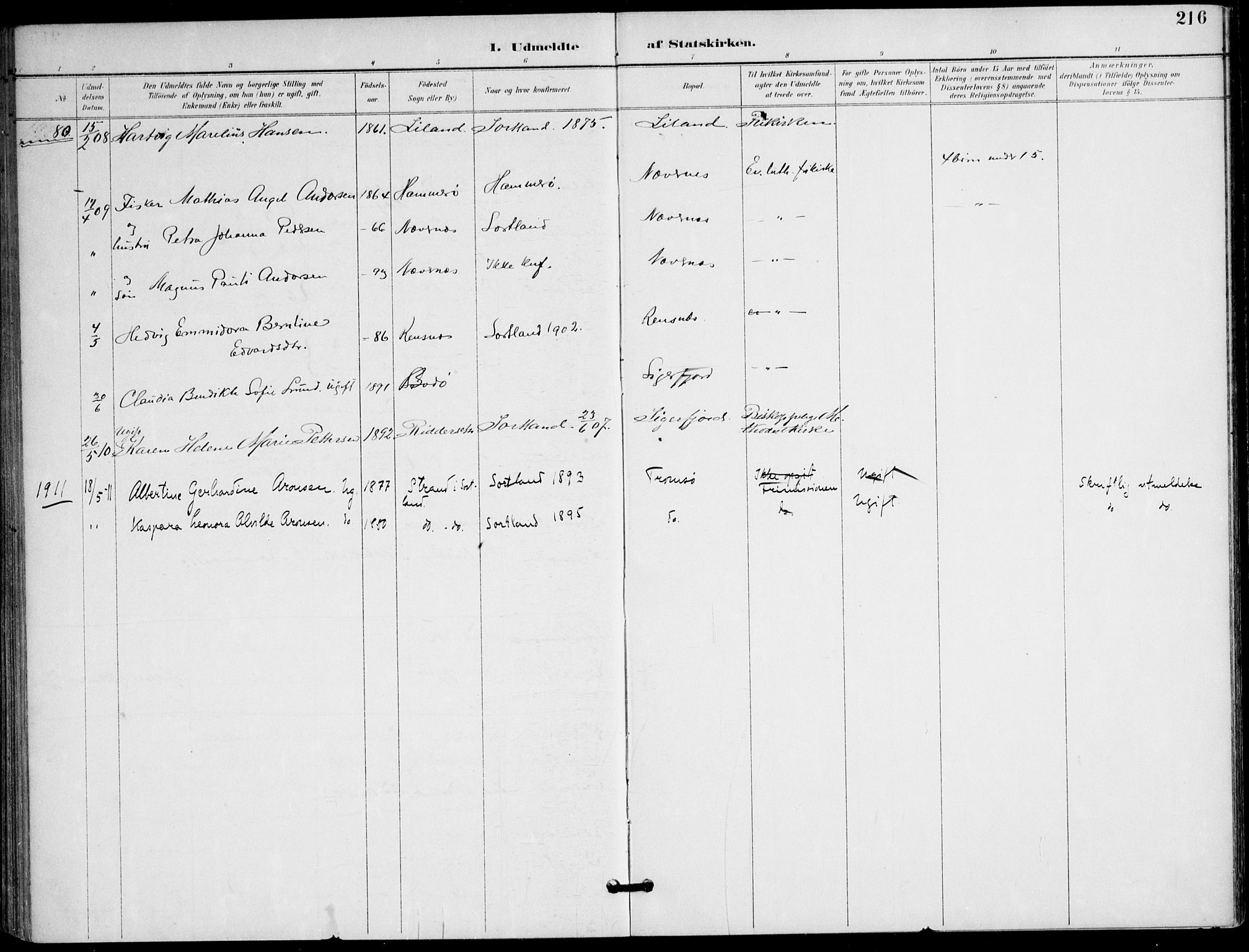 Ministerialprotokoller, klokkerbøker og fødselsregistre - Nordland, AV/SAT-A-1459/895/L1372: Parish register (official) no. 895A07, 1894-1914, p. 216