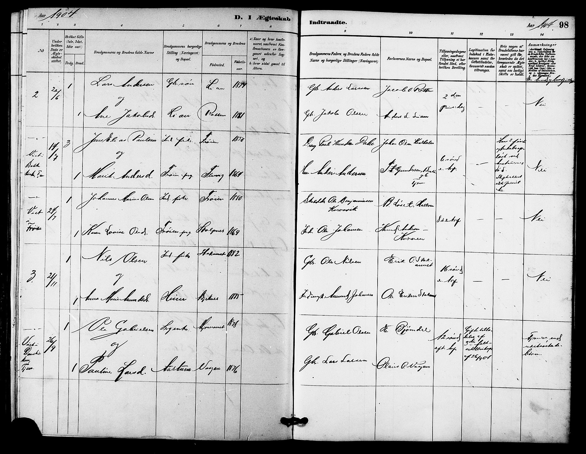 Ministerialprotokoller, klokkerbøker og fødselsregistre - Sør-Trøndelag, SAT/A-1456/633/L0519: Parish register (copy) no. 633C01, 1884-1905, p. 98