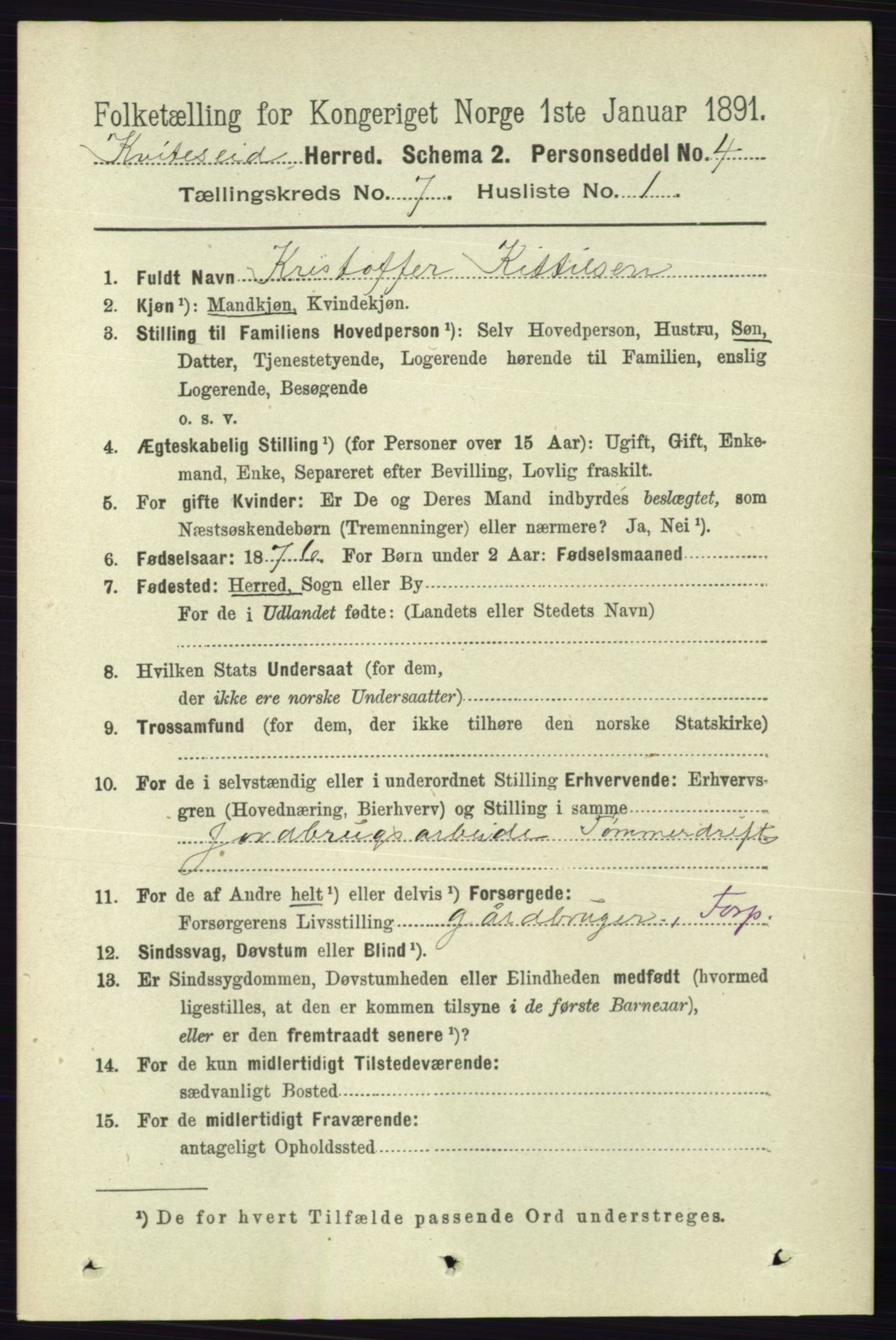 RA, 1891 census for 0829 Kviteseid, 1891, p. 1368