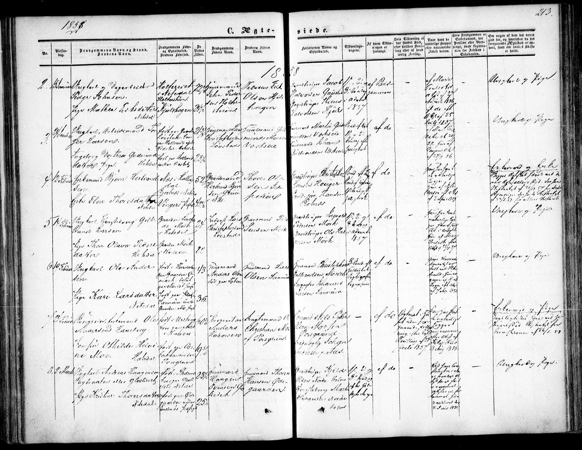 Nittedal prestekontor Kirkebøker, SAO/A-10365a/F/Fa/L0005: Parish register (official) no. I 5, 1850-1862, p. 213