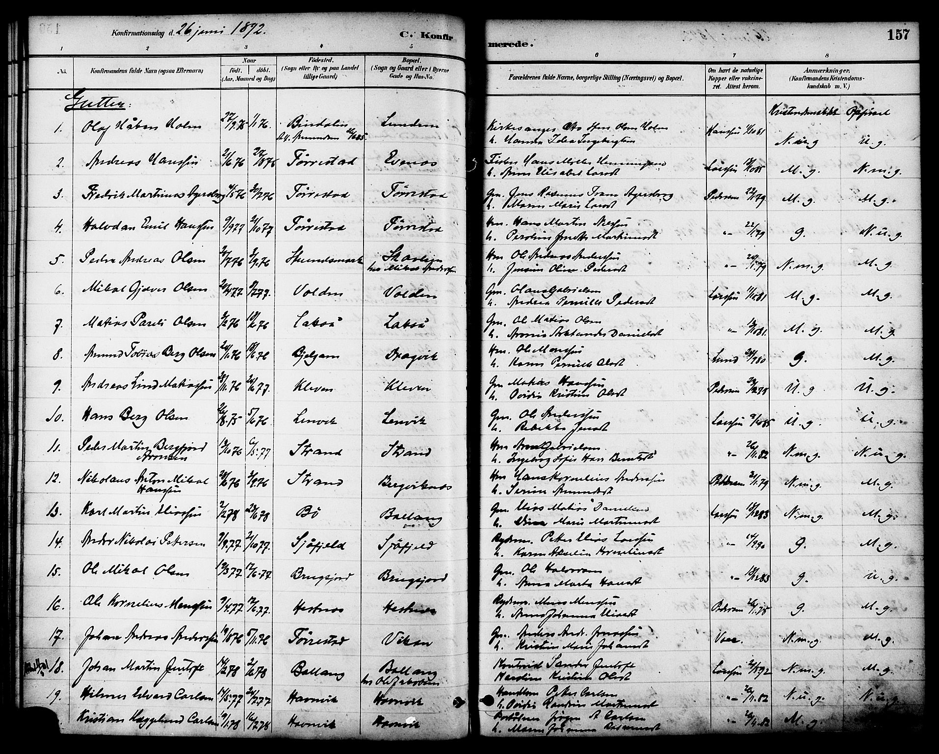 Ministerialprotokoller, klokkerbøker og fødselsregistre - Nordland, SAT/A-1459/863/L0898: Parish register (official) no. 863A10, 1886-1897, p. 157