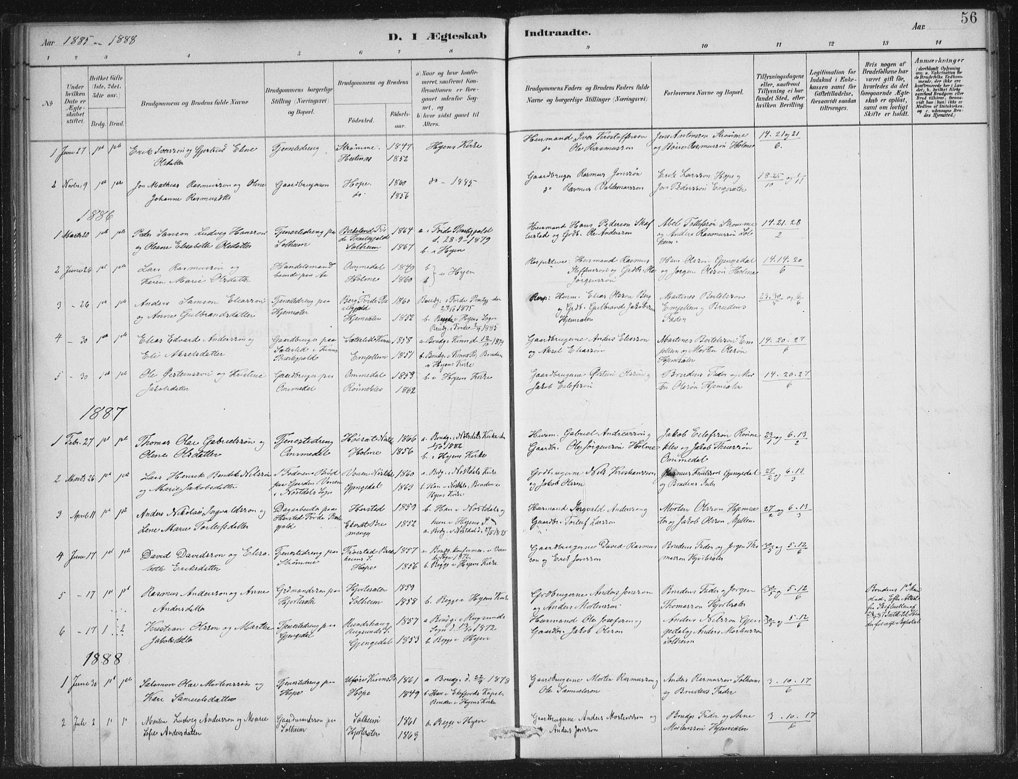 Gloppen sokneprestembete, SAB/A-80101/H/Haa/Haae/L0001: Parish register (official) no. E  1, 1885-1904, p. 56