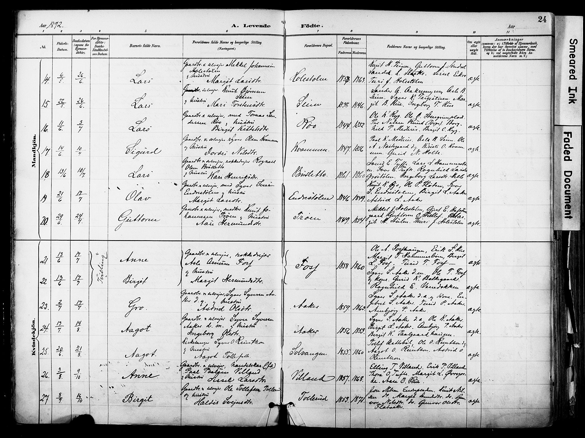 Hol kirkebøker, AV/SAKO-A-227/F/Fa/L0003: Parish register (official) no. I 3, 1887-1918, p. 24