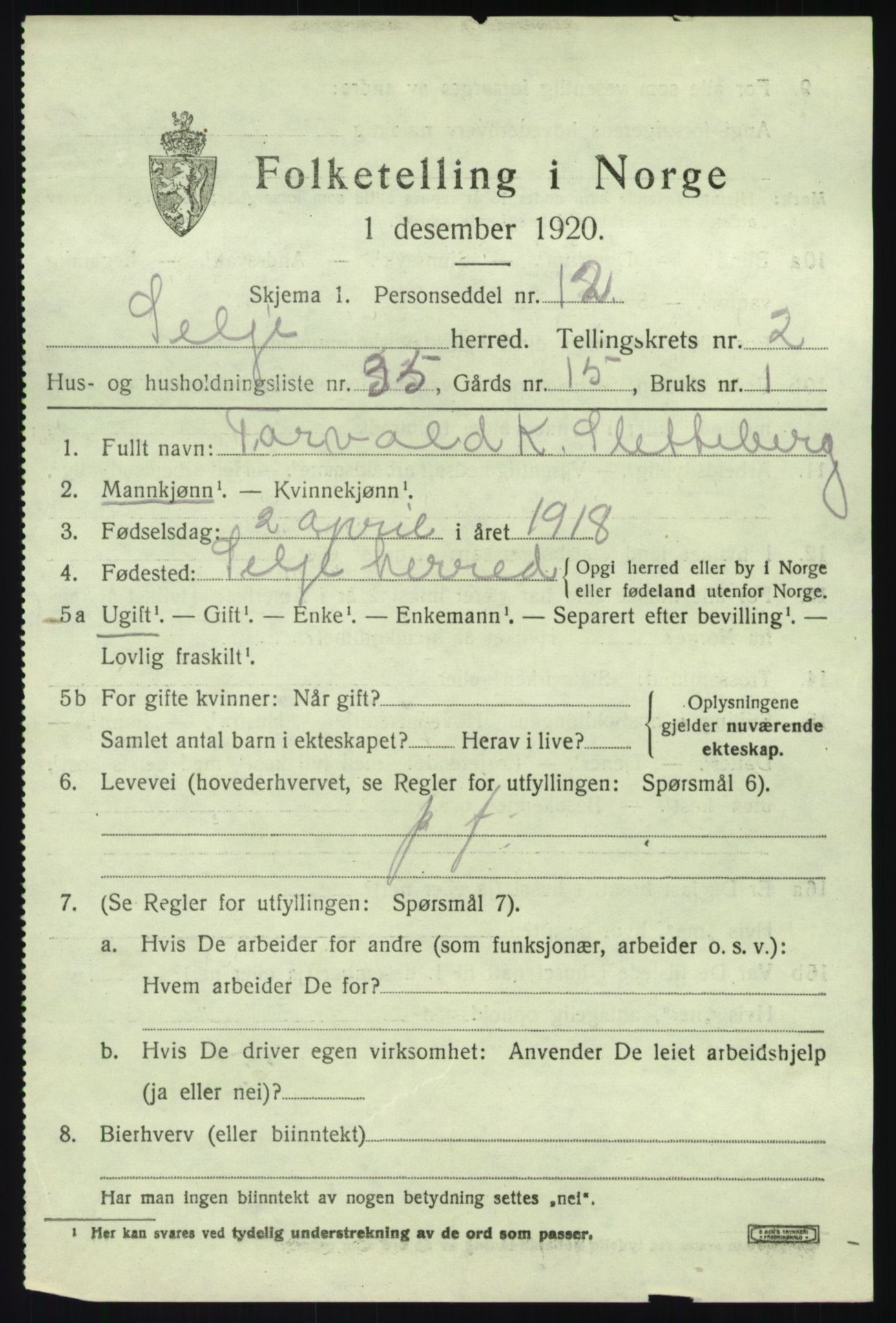 SAB, 1920 census for Selje, 1920, p. 1955