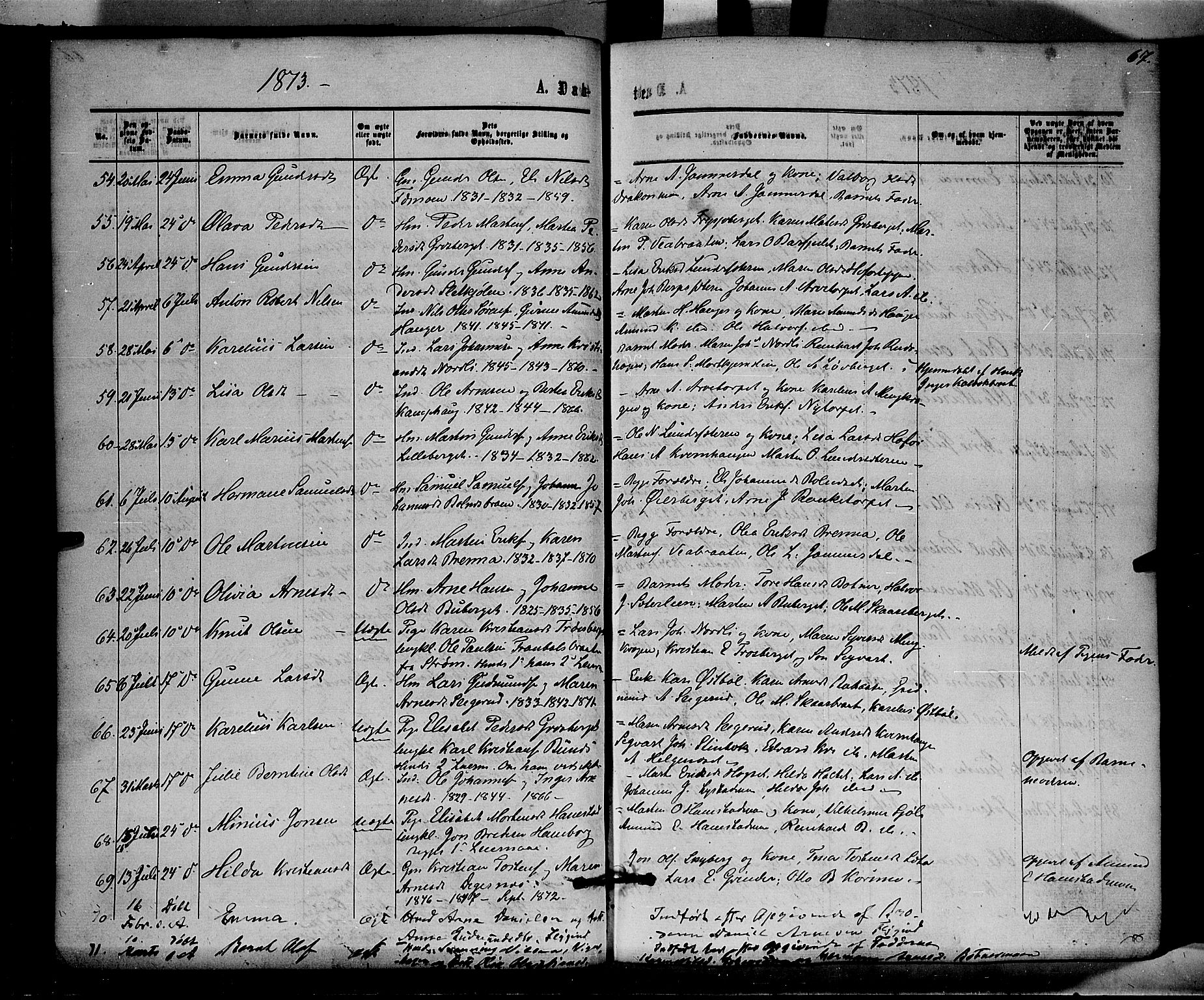 Brandval prestekontor, AV/SAH-PREST-034/H/Ha/Haa/L0001: Parish register (official) no. 1, 1864-1879, p. 67