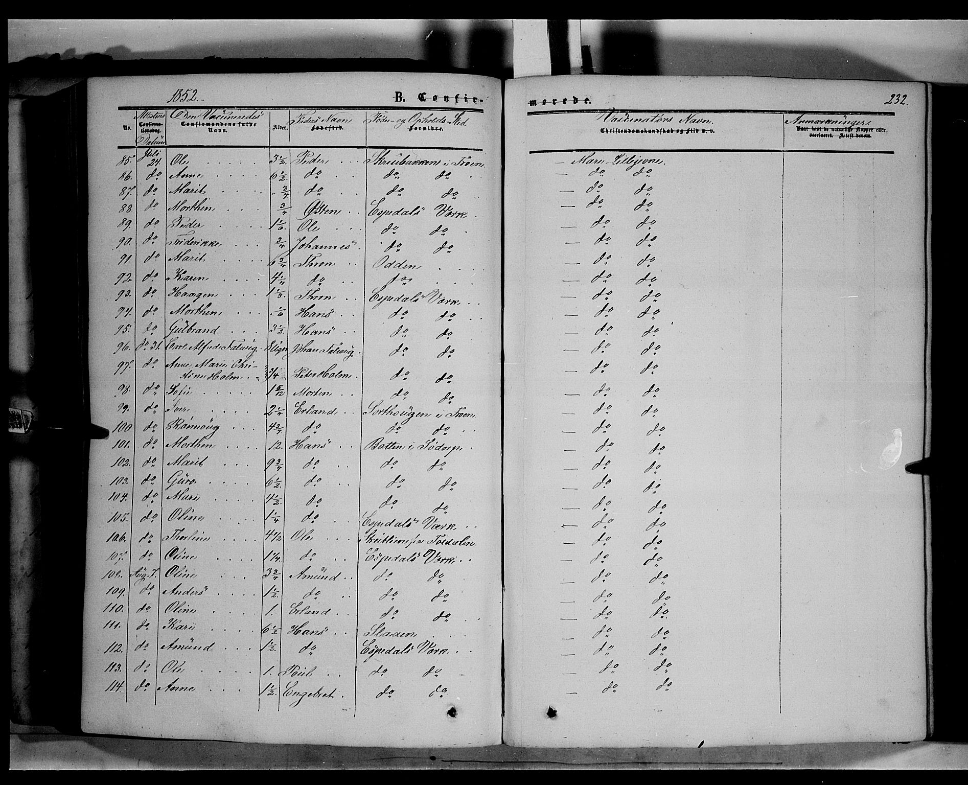 Sør-Fron prestekontor, AV/SAH-PREST-010/H/Ha/Haa/L0001: Parish register (official) no. 1, 1849-1863, p. 232