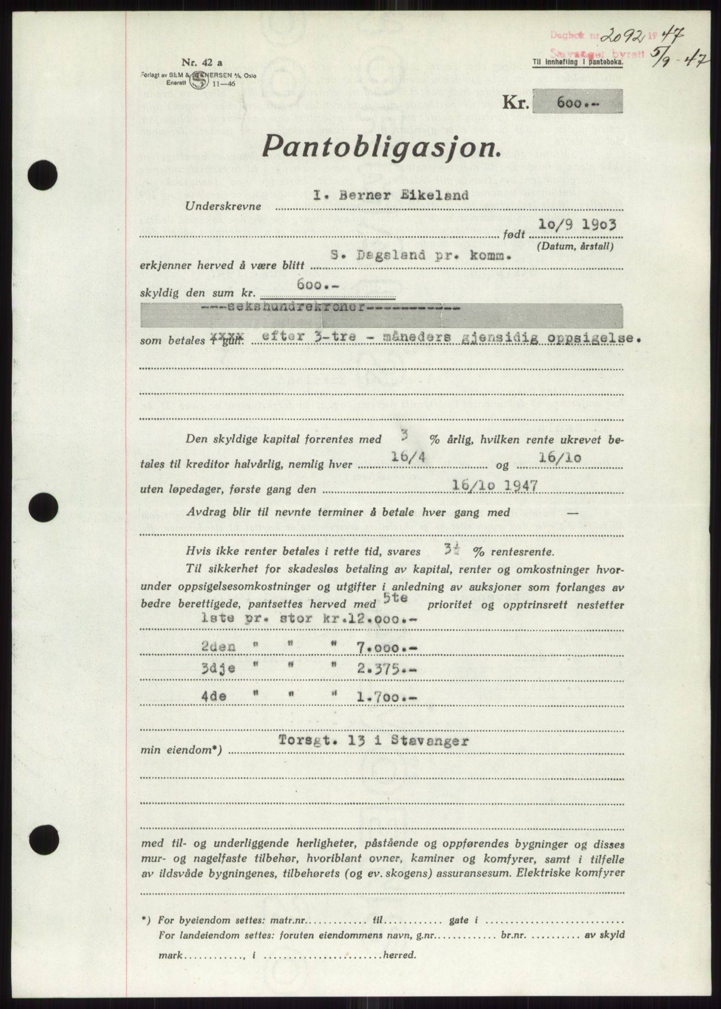 Stavanger byrett, SAST/A-100455/002/G/Gb/L0032: Mortgage book, 1947-1950, Diary no: : 2092/1947