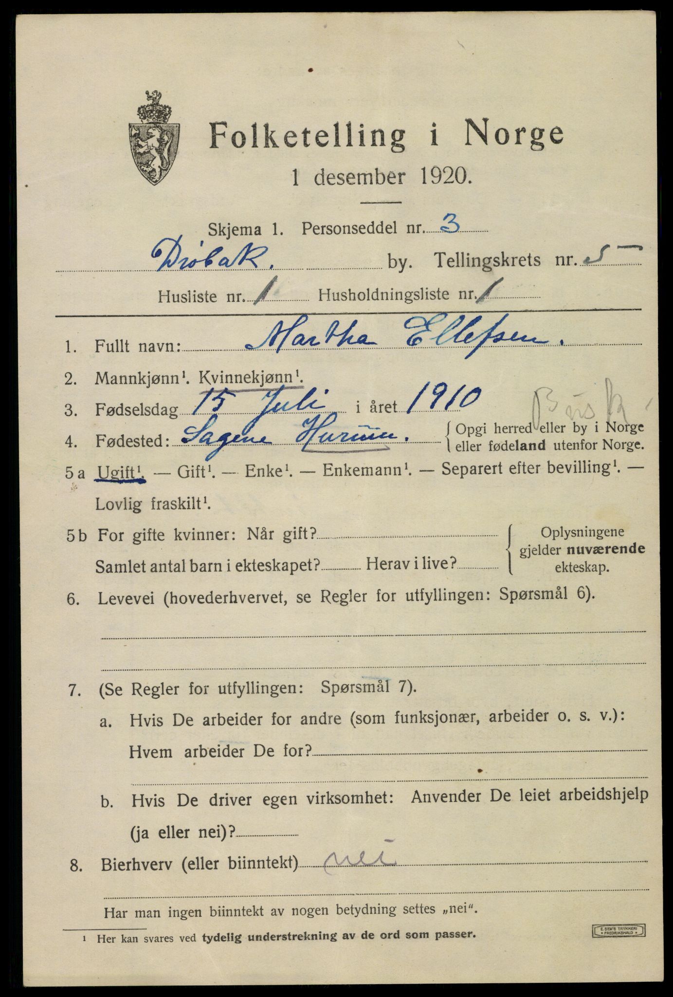 SAO, 1920 census for Drøbak, 1920, p. 4503