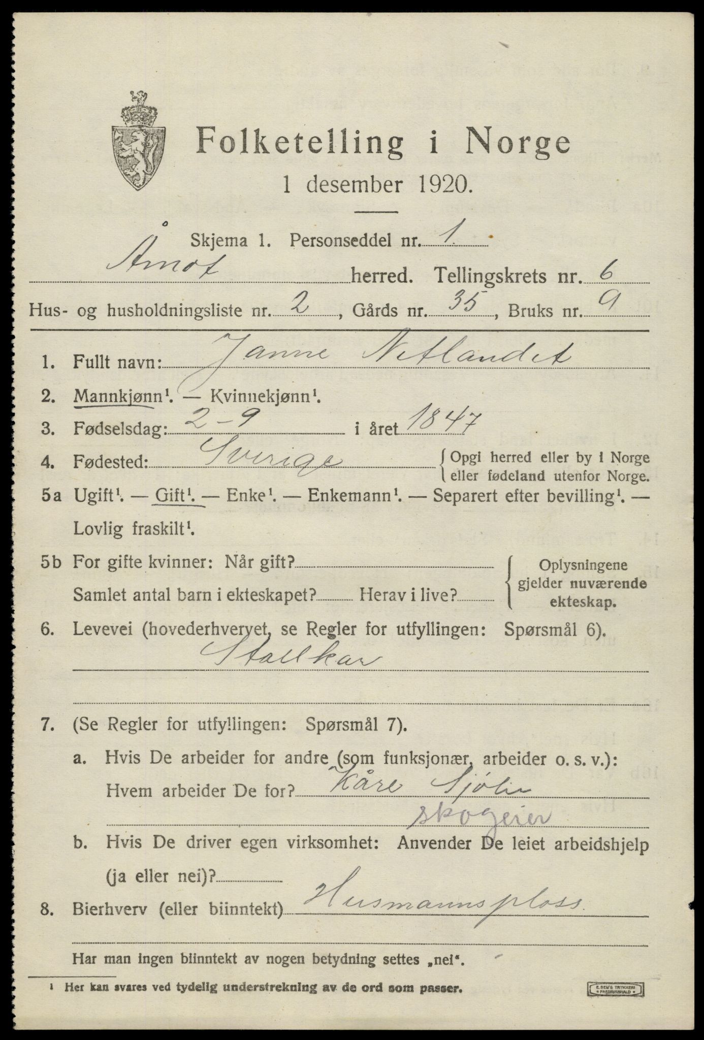 SAH, 1920 census for Åmot, 1920, p. 7301