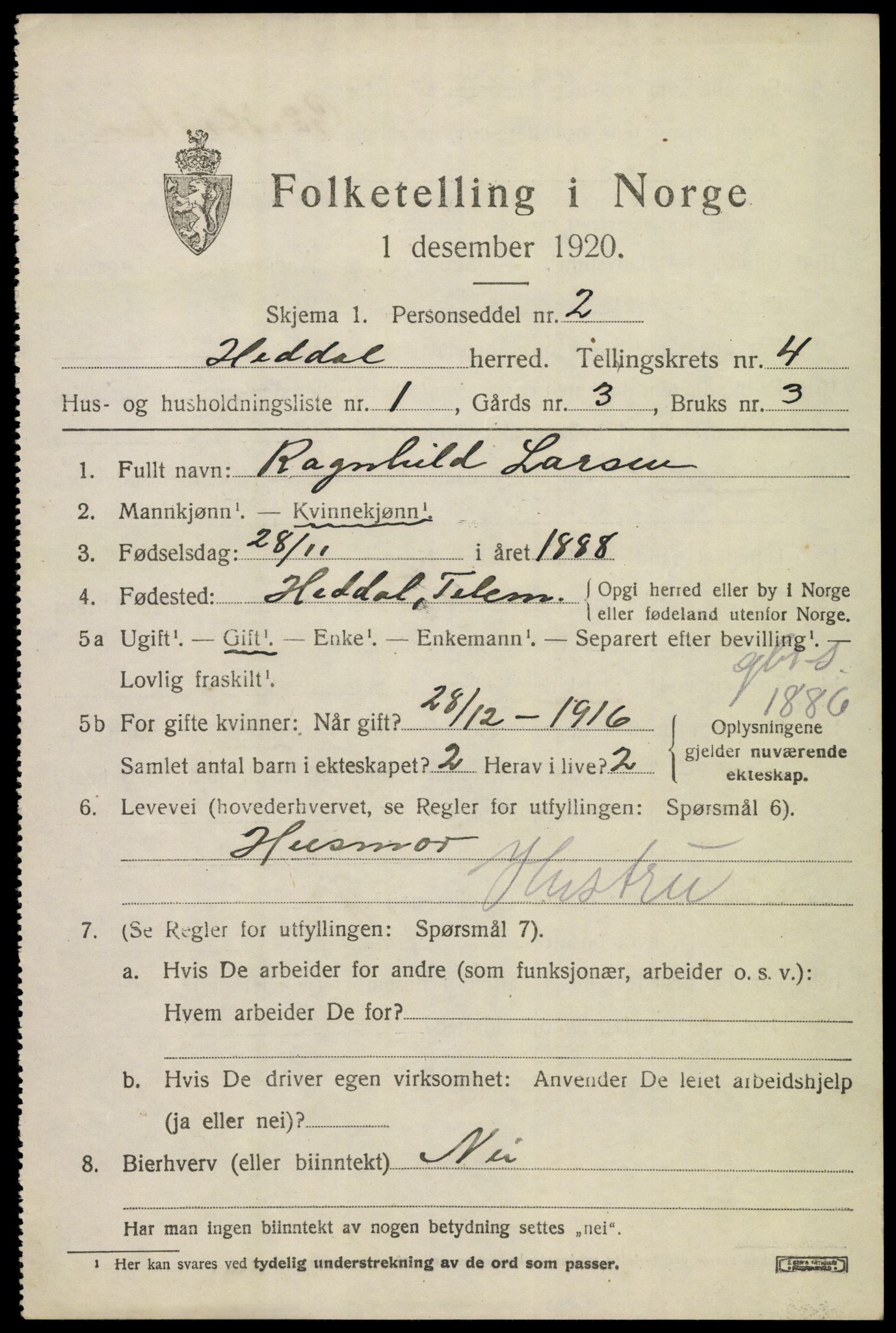 SAKO, 1920 census for Heddal, 1920, p. 4450