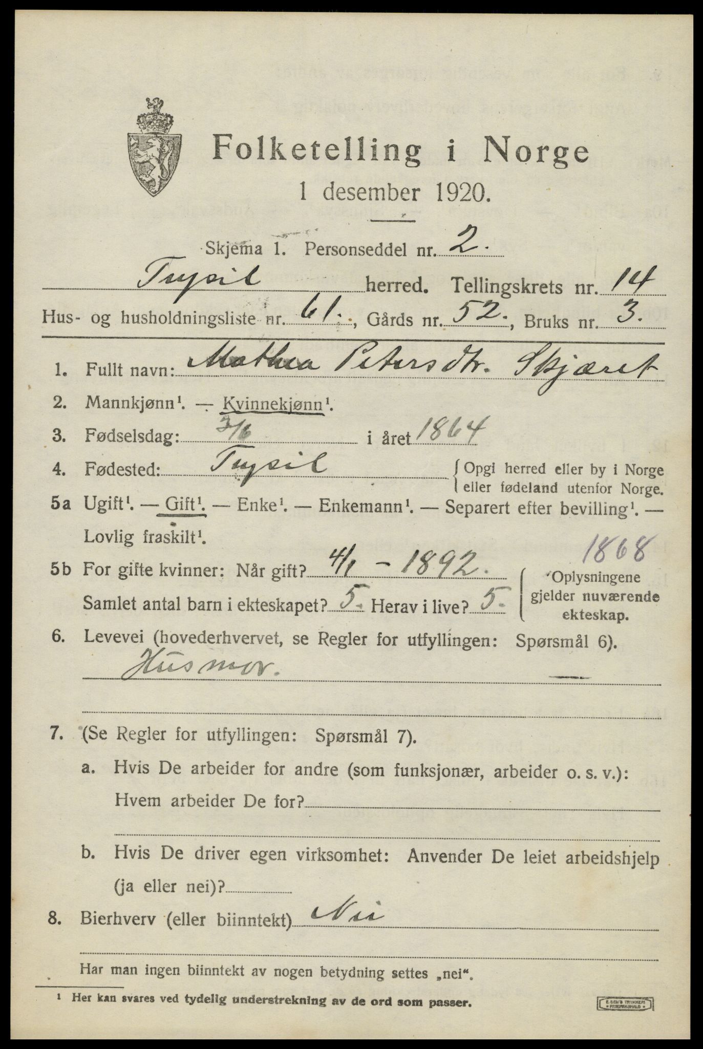 SAH, 1920 census for Trysil, 1920, p. 8661