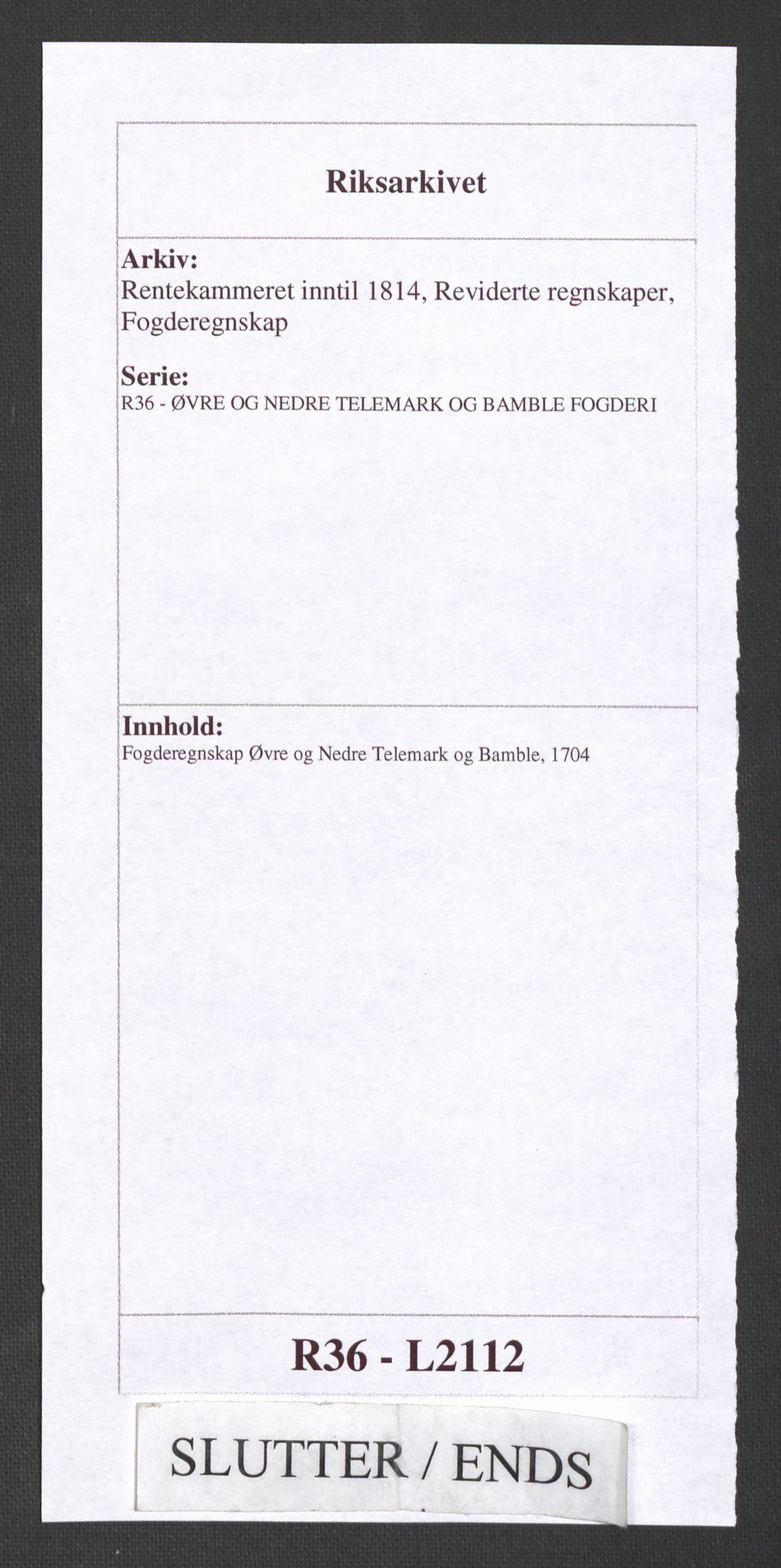 Rentekammeret inntil 1814, Reviderte regnskaper, Fogderegnskap, AV/RA-EA-4092/R36/L2112: Fogderegnskap Øvre og Nedre Telemark og Bamble, 1704, p. 291