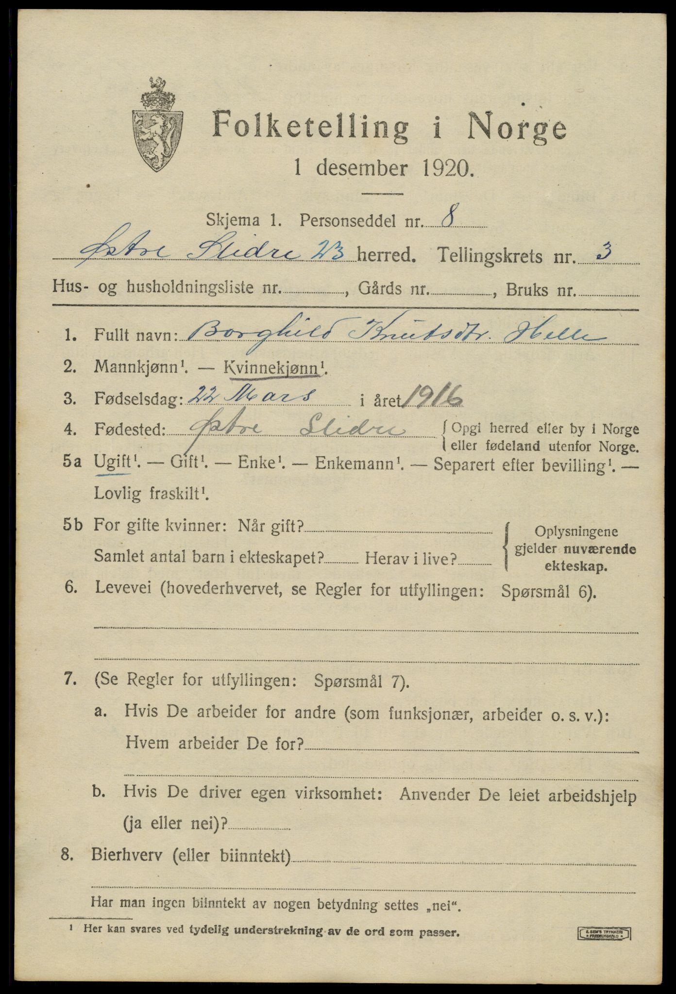 SAH, 1920 census for Øystre Slidre, 1920, p. 2427