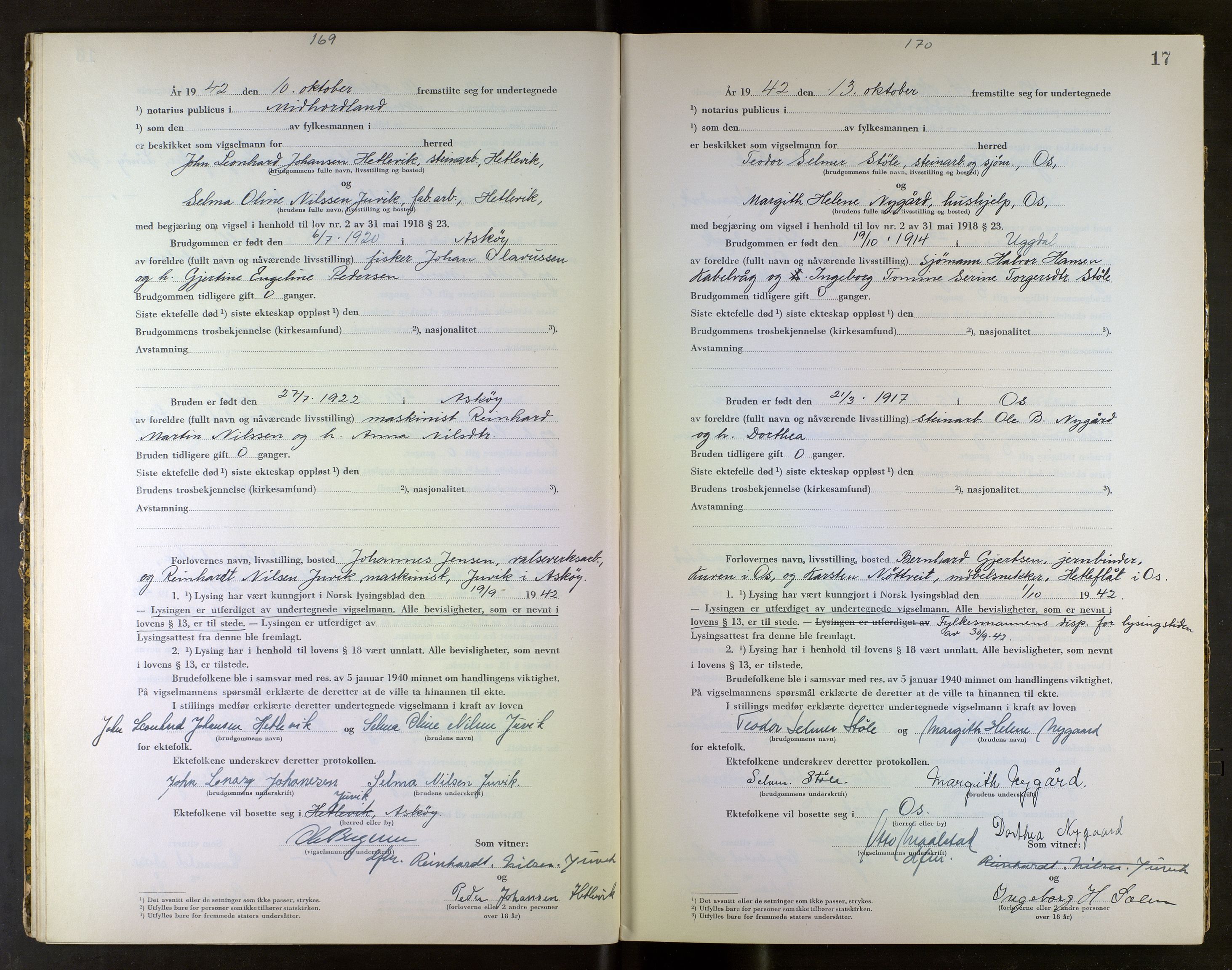 Midhordland sorenskriveri, SAB/A-3001/1/M/Mc/Mca/L0003: Notarialbilag. Vigselbøker, 1942-1943, p. 17