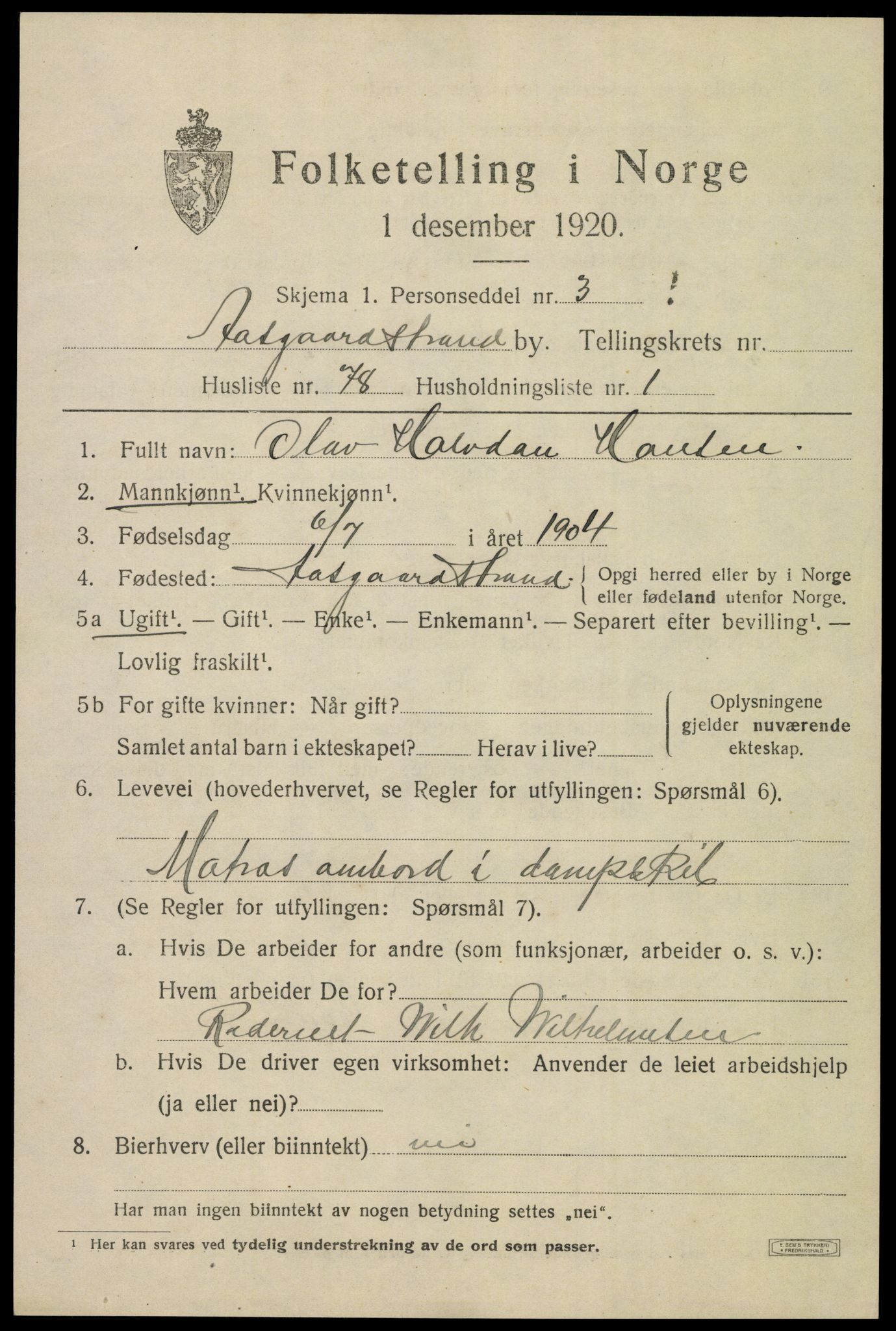 SAKO, 1920 census for Åsgårdstrand, 1920, p. 1201