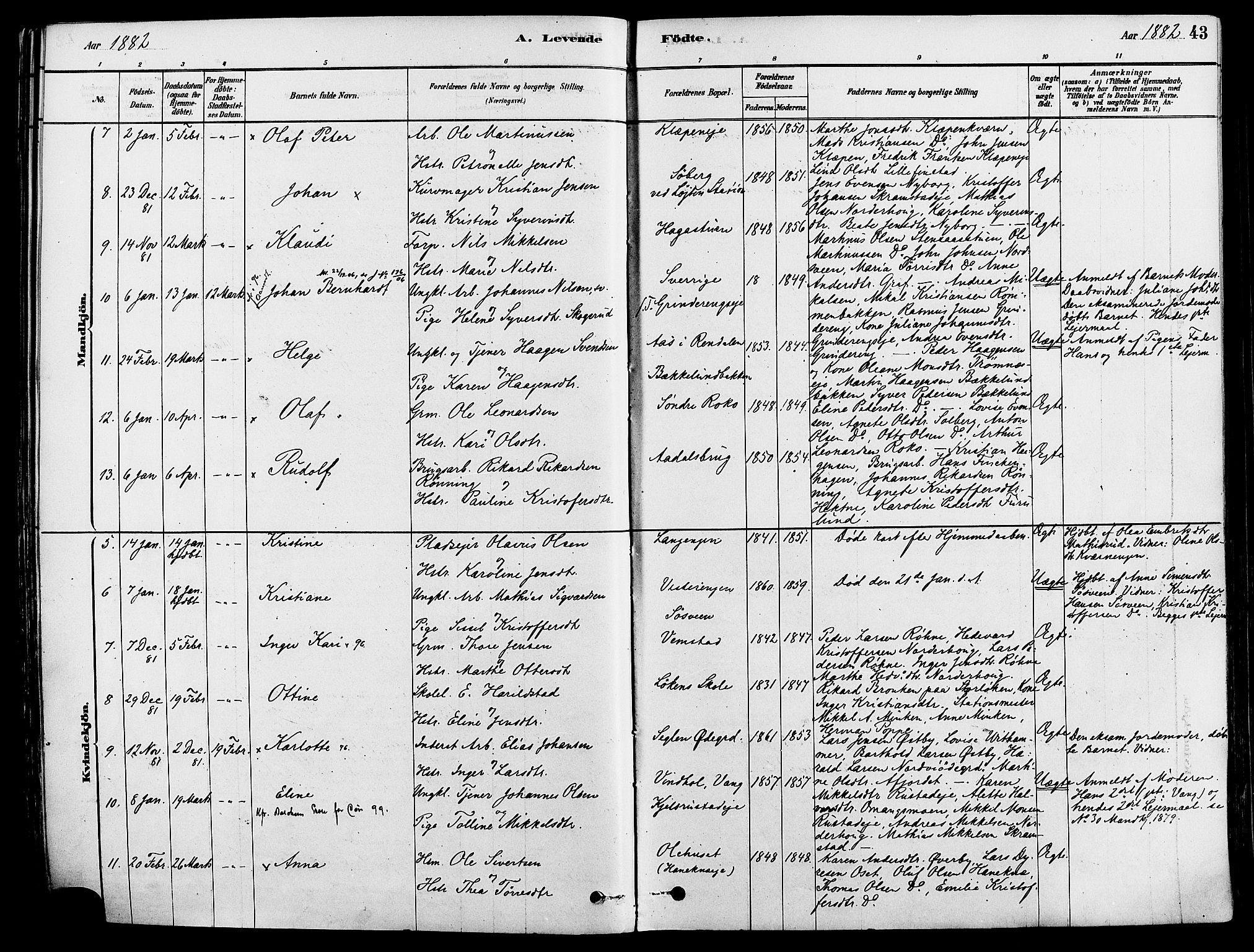 Løten prestekontor, AV/SAH-PREST-022/K/Ka/L0009: Parish register (official) no. 9, 1878-1891, p. 43