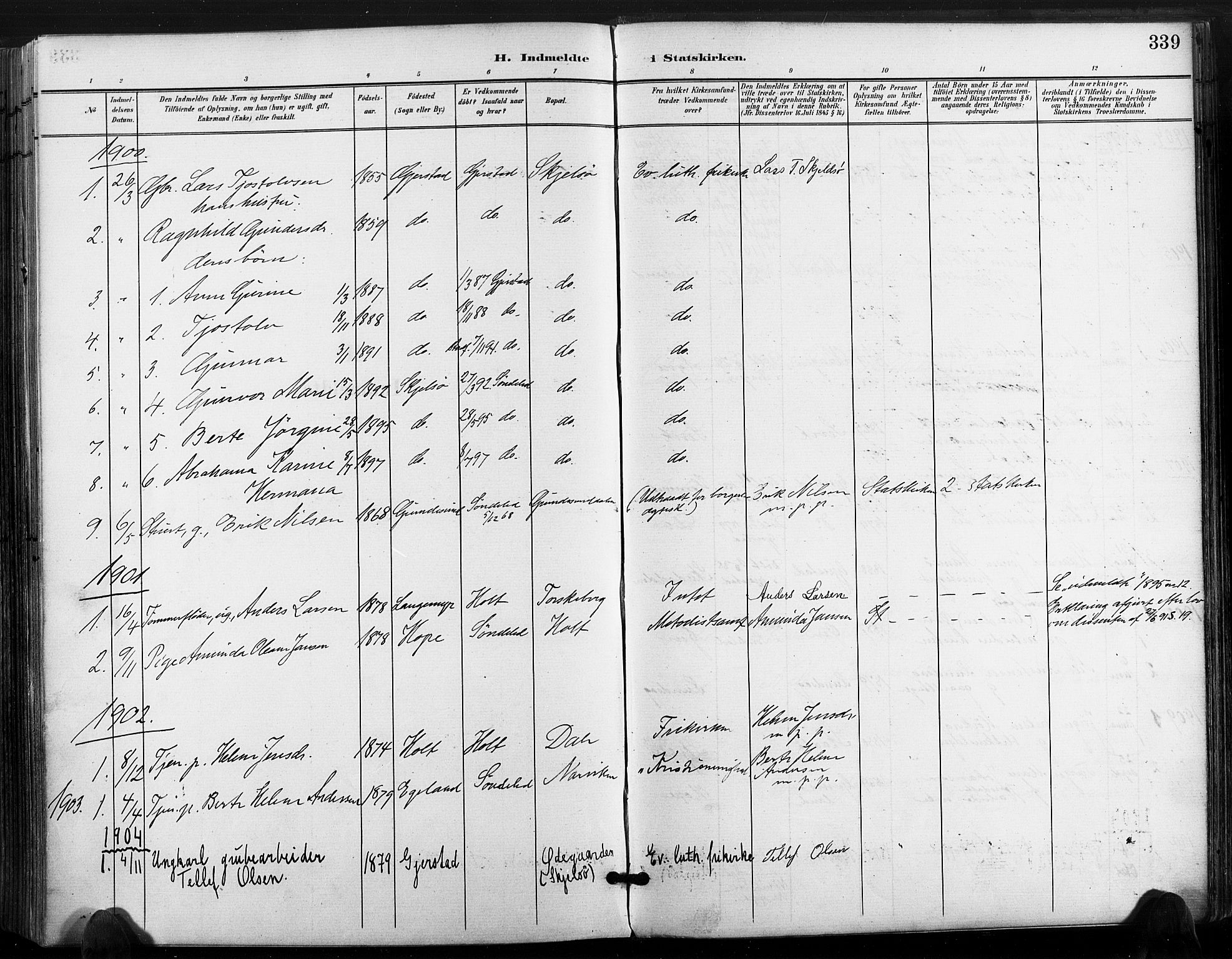 Søndeled sokneprestkontor, SAK/1111-0038/F/Fa/L0006: Parish register (official) no. A 6, 1900-1922, p. 339