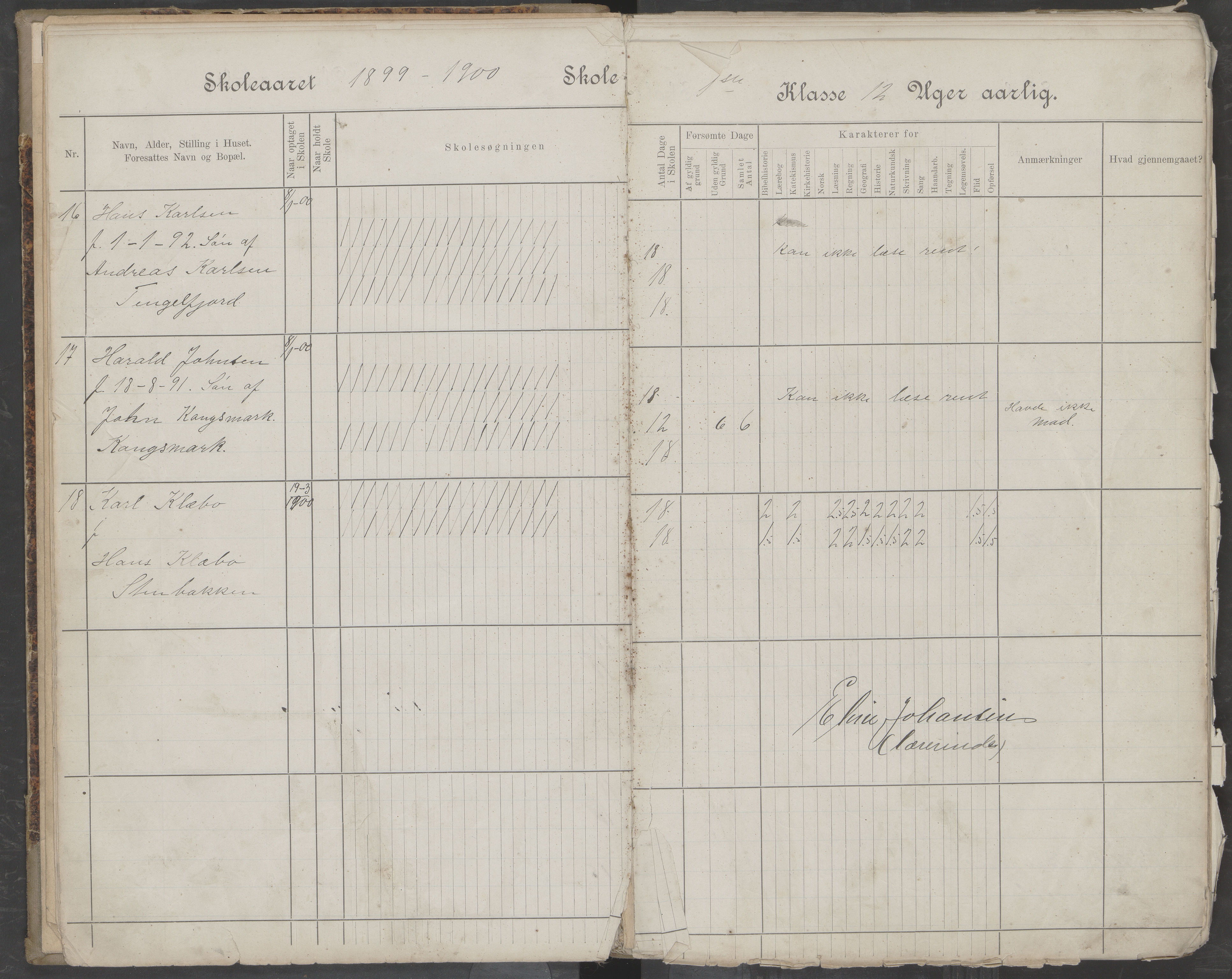 Hadsel kommune. Tengelfjord skolekrets, AIN/K-18660.510.04/G/L0001: Skoleprotokoll for Tengelfjord skole, 1899-1908