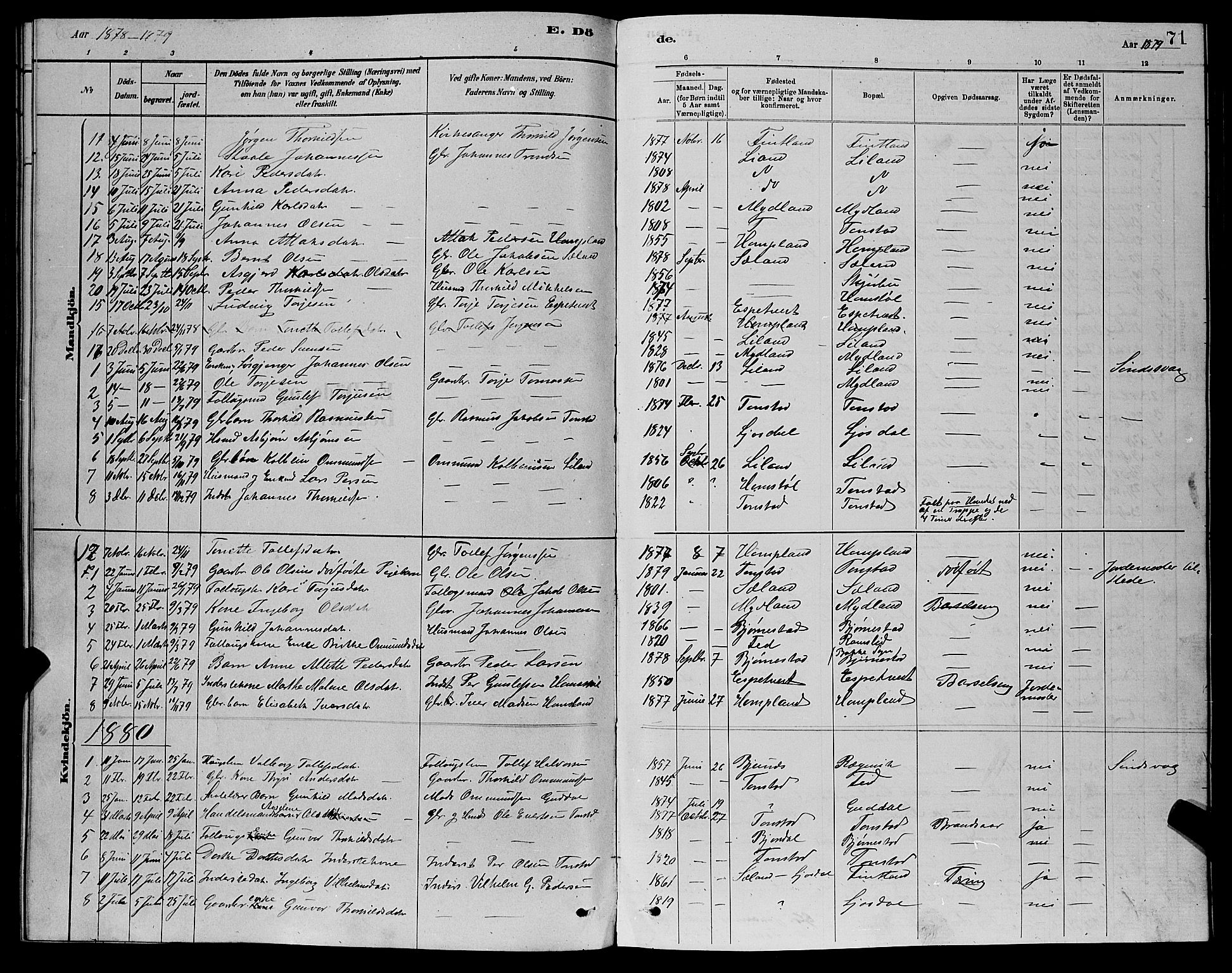 Sirdal sokneprestkontor, AV/SAK-1111-0036/F/Fb/Fbb/L0003: Parish register (copy) no. B 3, 1878-1894, p. 71