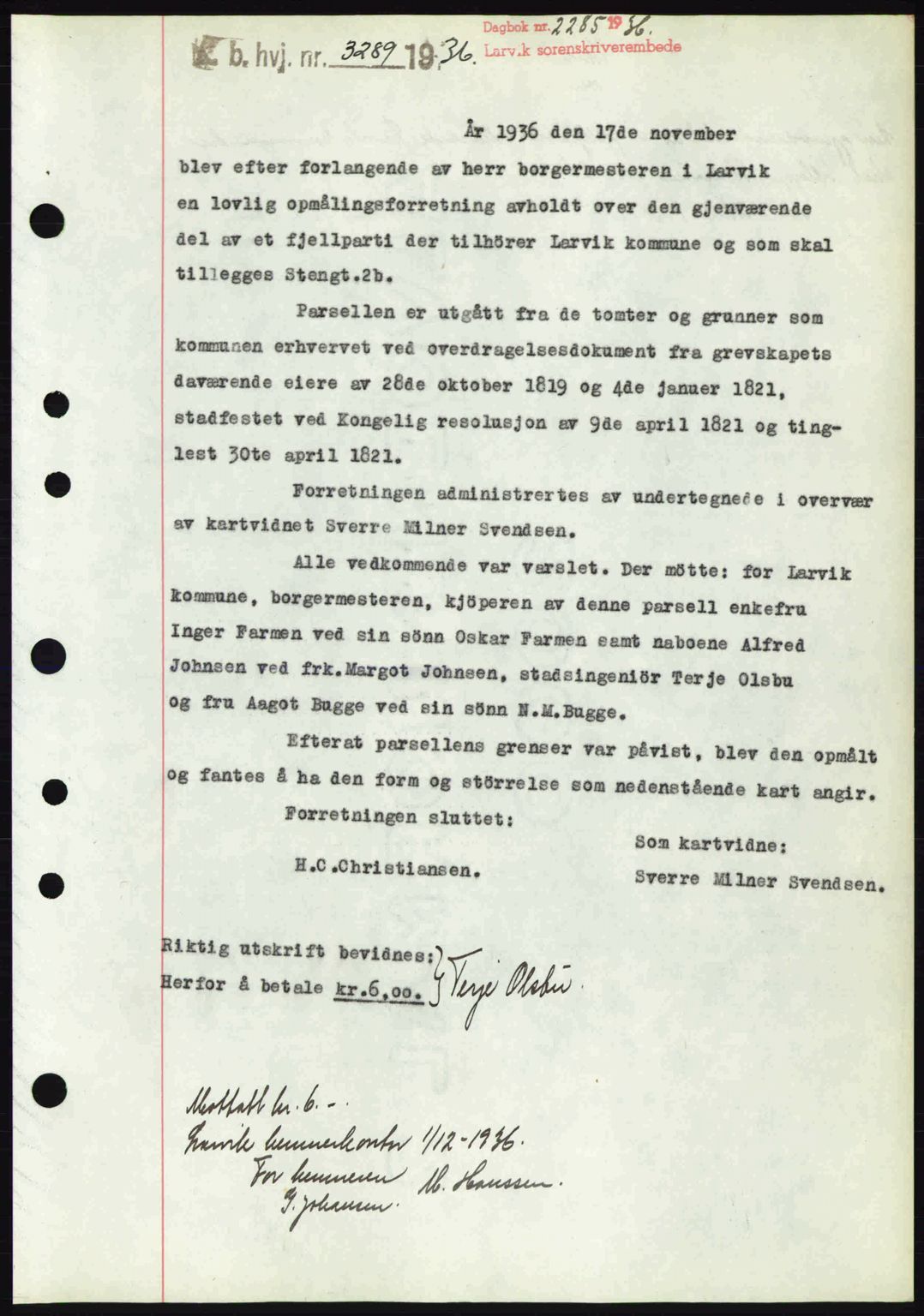 Larvik sorenskriveri, SAKO/A-83/G/Ga/Gab/L0067: Mortgage book no. A-1, 1936-1937, Diary no: : 2285/1936