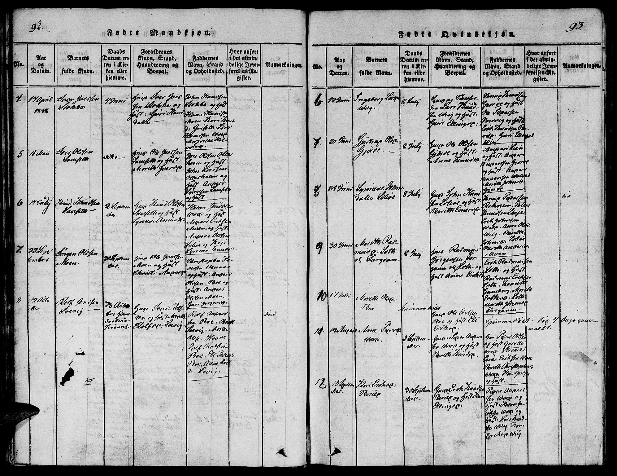Ministerialprotokoller, klokkerbøker og fødselsregistre - Møre og Romsdal, SAT/A-1454/543/L0561: Parish register (official) no. 543A01, 1818-1853, p. 92-93