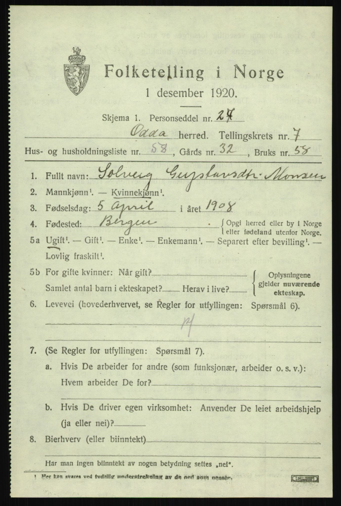 SAB, 1920 census for Odda, 1920, p. 6387