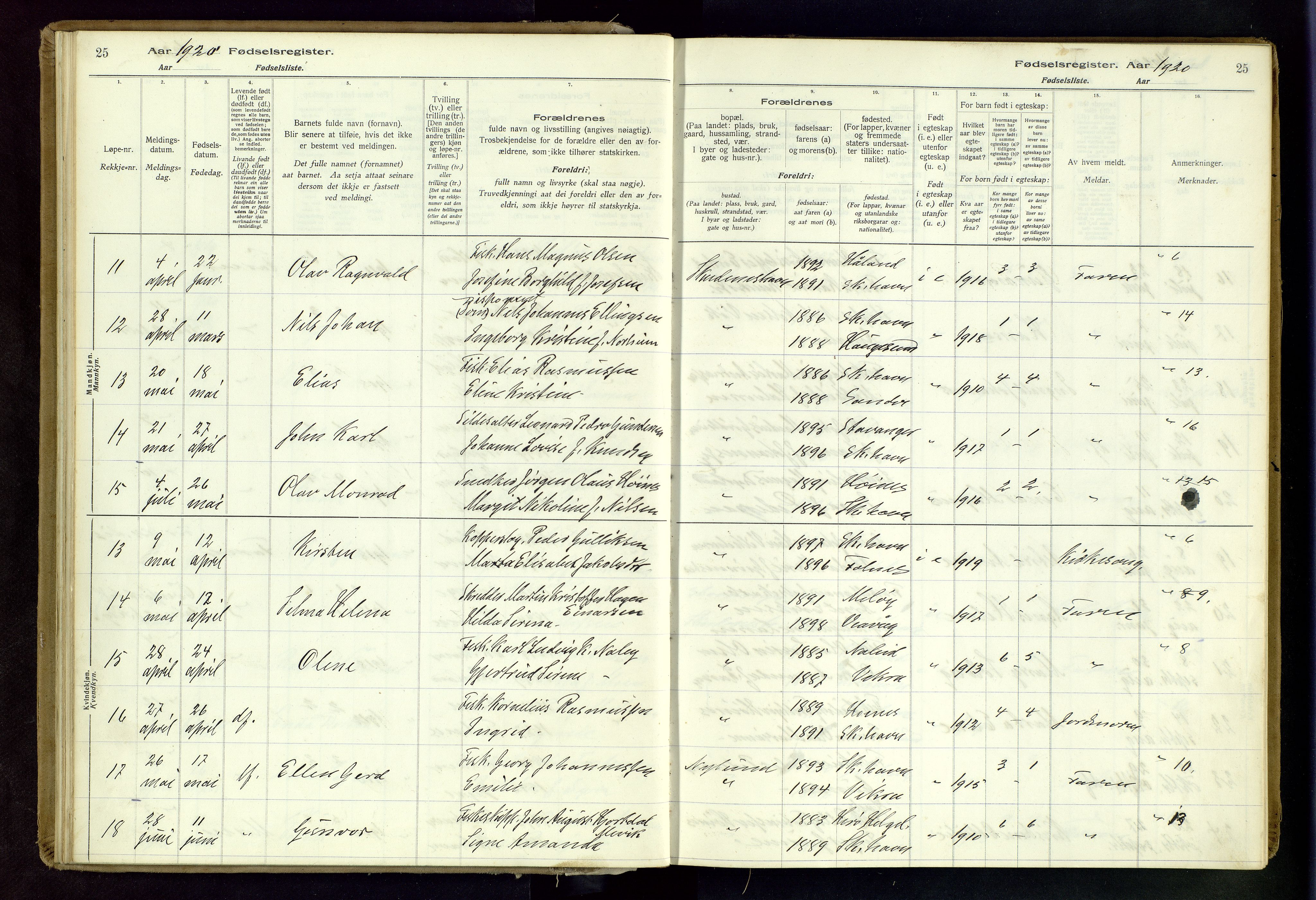 Skudenes sokneprestkontor, AV/SAST-A -101849/I/Id/L0003: Birth register no. 3, 1916-1964, p. 25