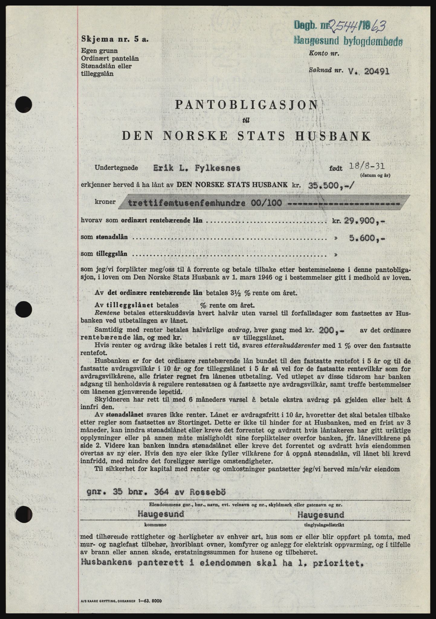 Haugesund tingrett, SAST/A-101415/01/II/IIC/L0051: Mortgage book no. B 51, 1963-1964, Diary no: : 2544/1963