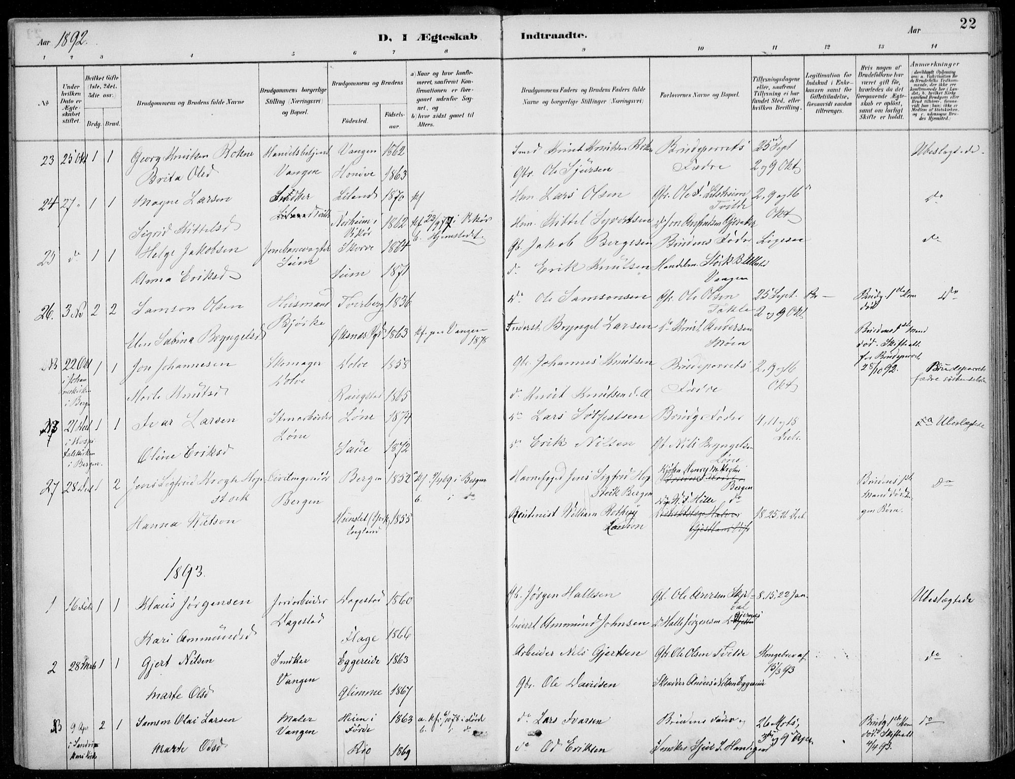 Voss sokneprestembete, SAB/A-79001/H/Haa: Parish register (official) no. C  1, 1887-1915, p. 22
