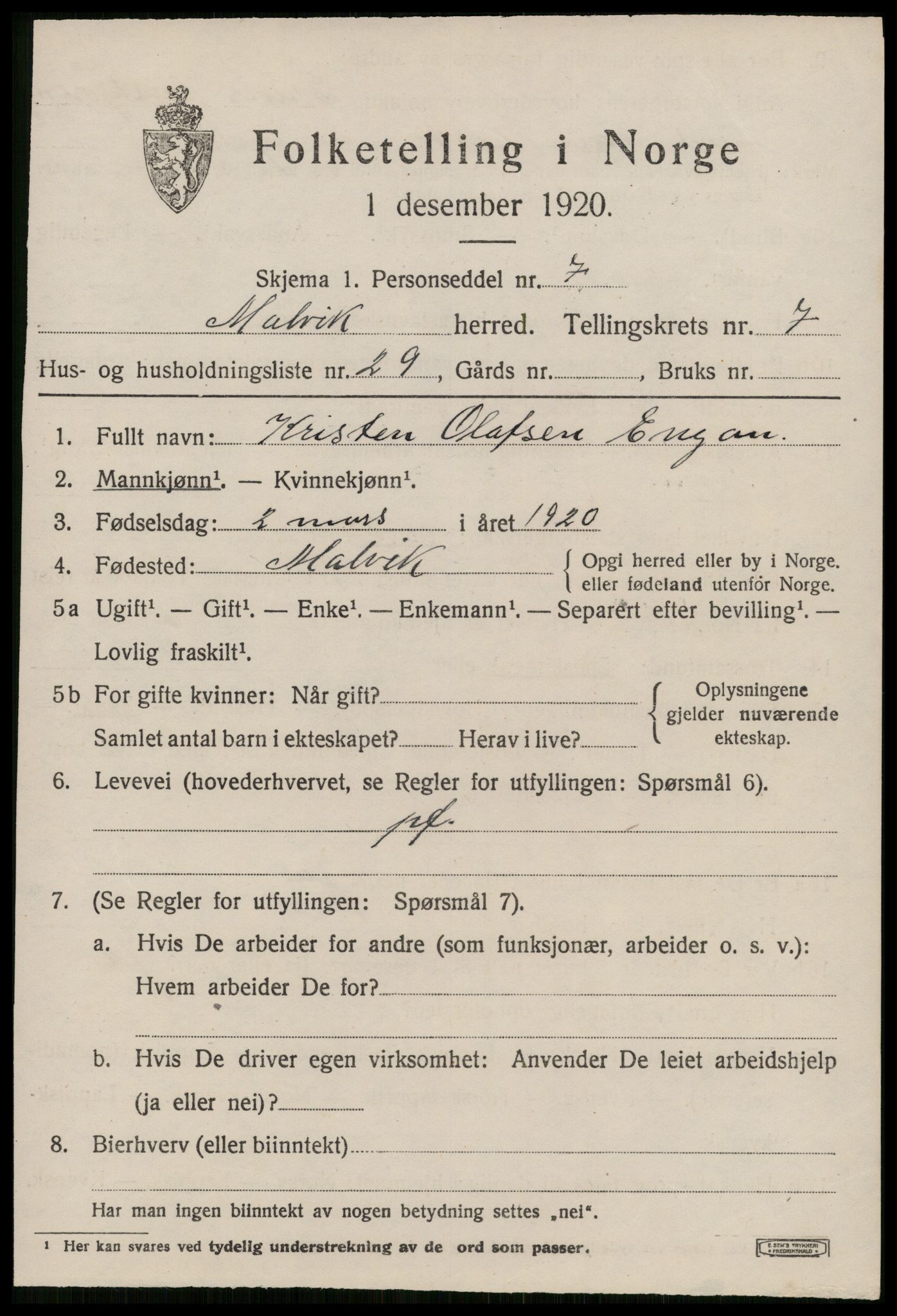 SAT, 1920 census for Malvik, 1920, p. 7586