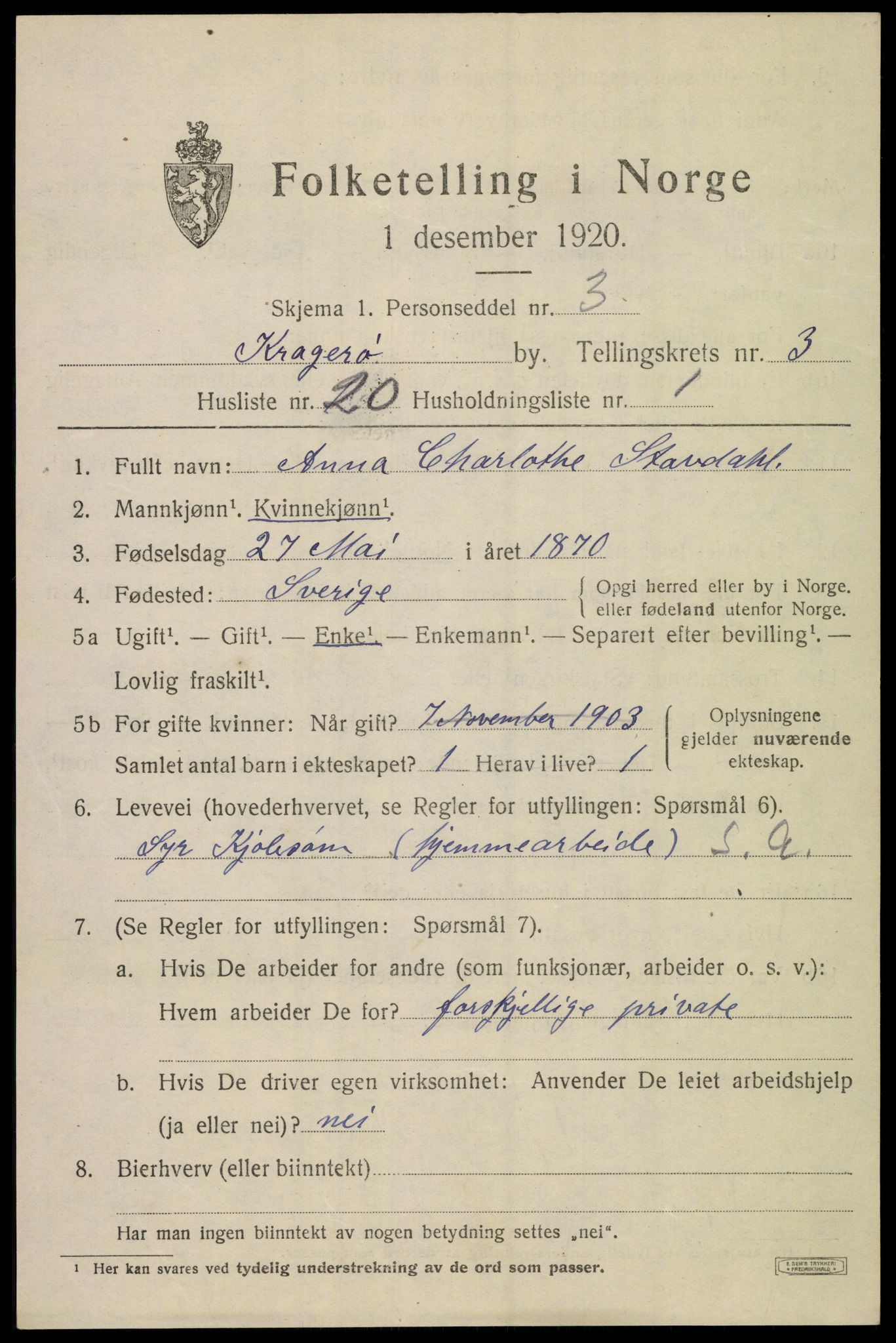 SAKO, 1920 census for Kragerø, 1920, p. 7287
