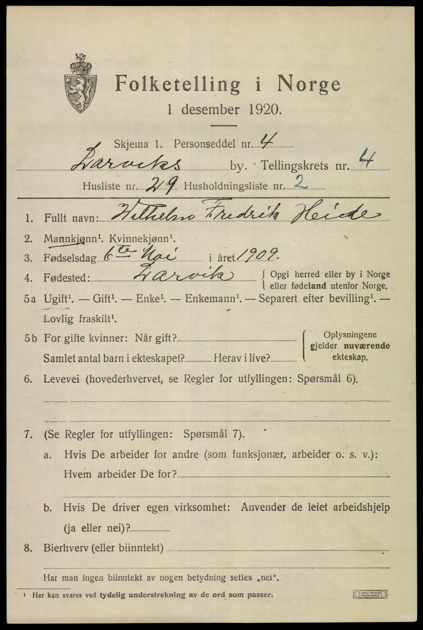 SAKO, 1920 census for Larvik, 1920, p. 13854