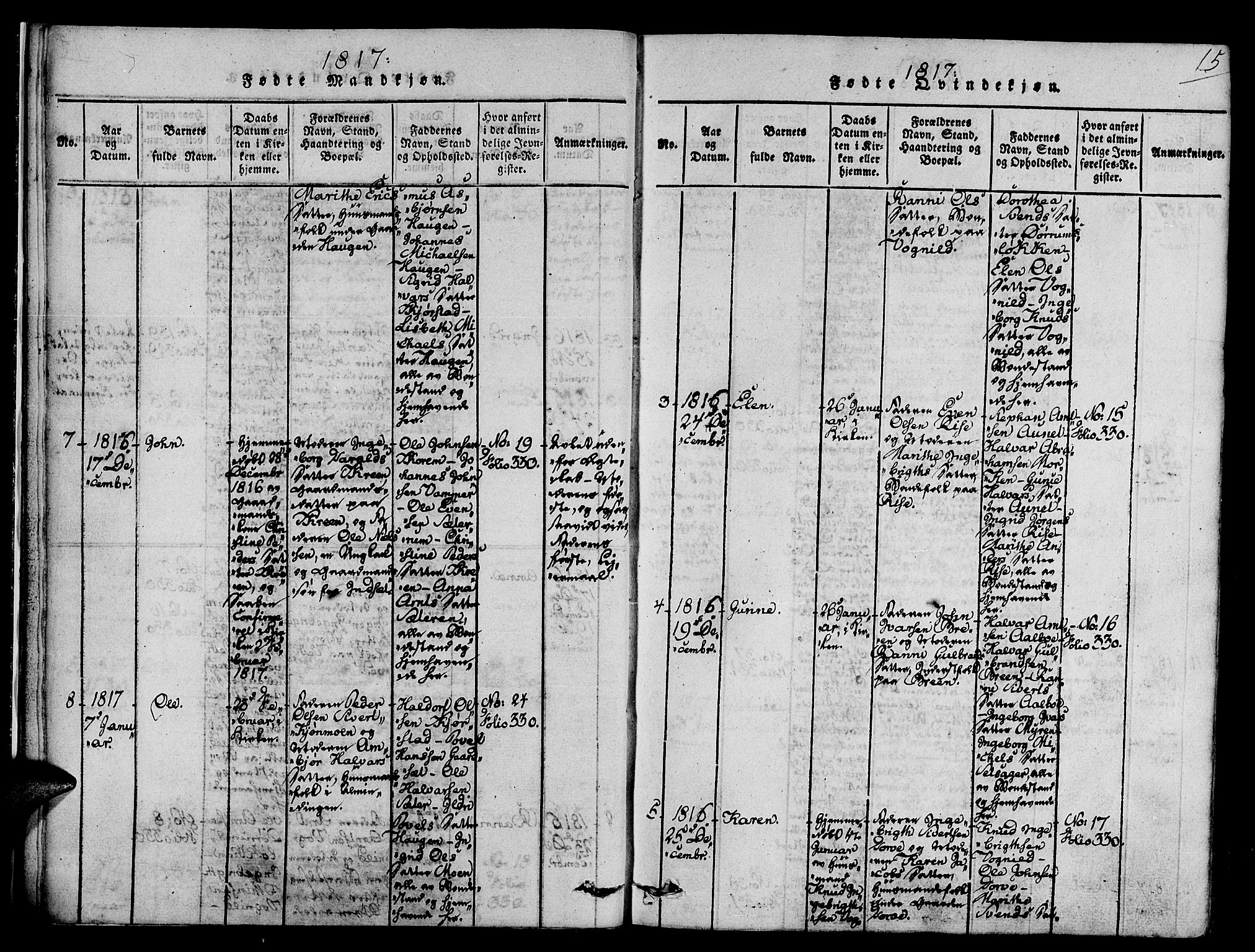 Ministerialprotokoller, klokkerbøker og fødselsregistre - Sør-Trøndelag, SAT/A-1456/678/L0895: Parish register (official) no. 678A05 /1, 1816-1821, p. 15