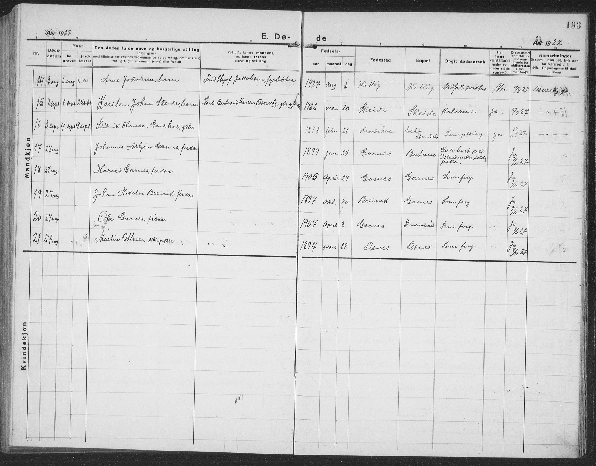 Ministerialprotokoller, klokkerbøker og fødselsregistre - Møre og Romsdal, SAT/A-1454/509/L0113: Parish register (copy) no. 509C03, 1923-1939, p. 193