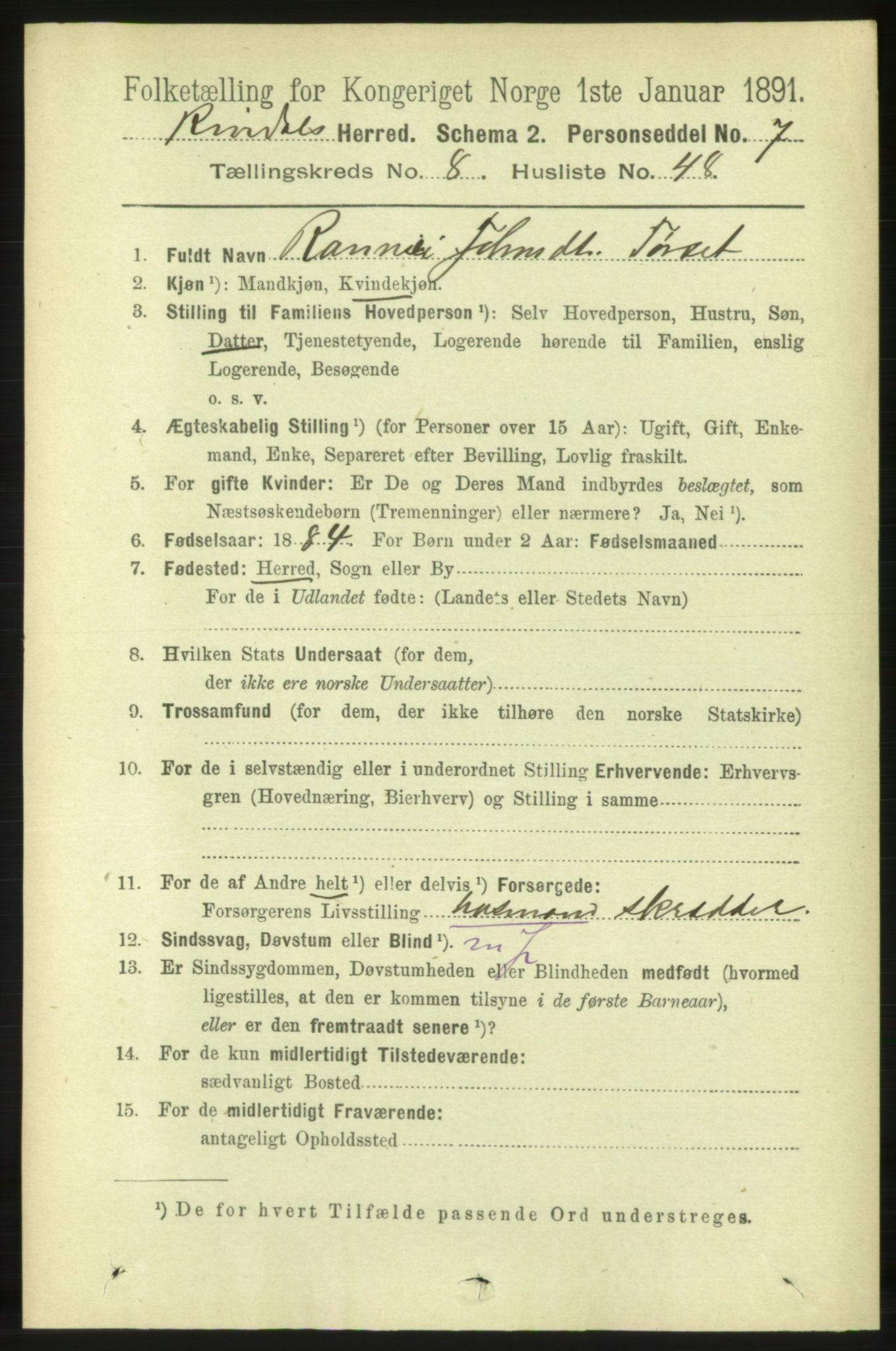 RA, 1891 census for 1567 Rindal, 1891, p. 2810