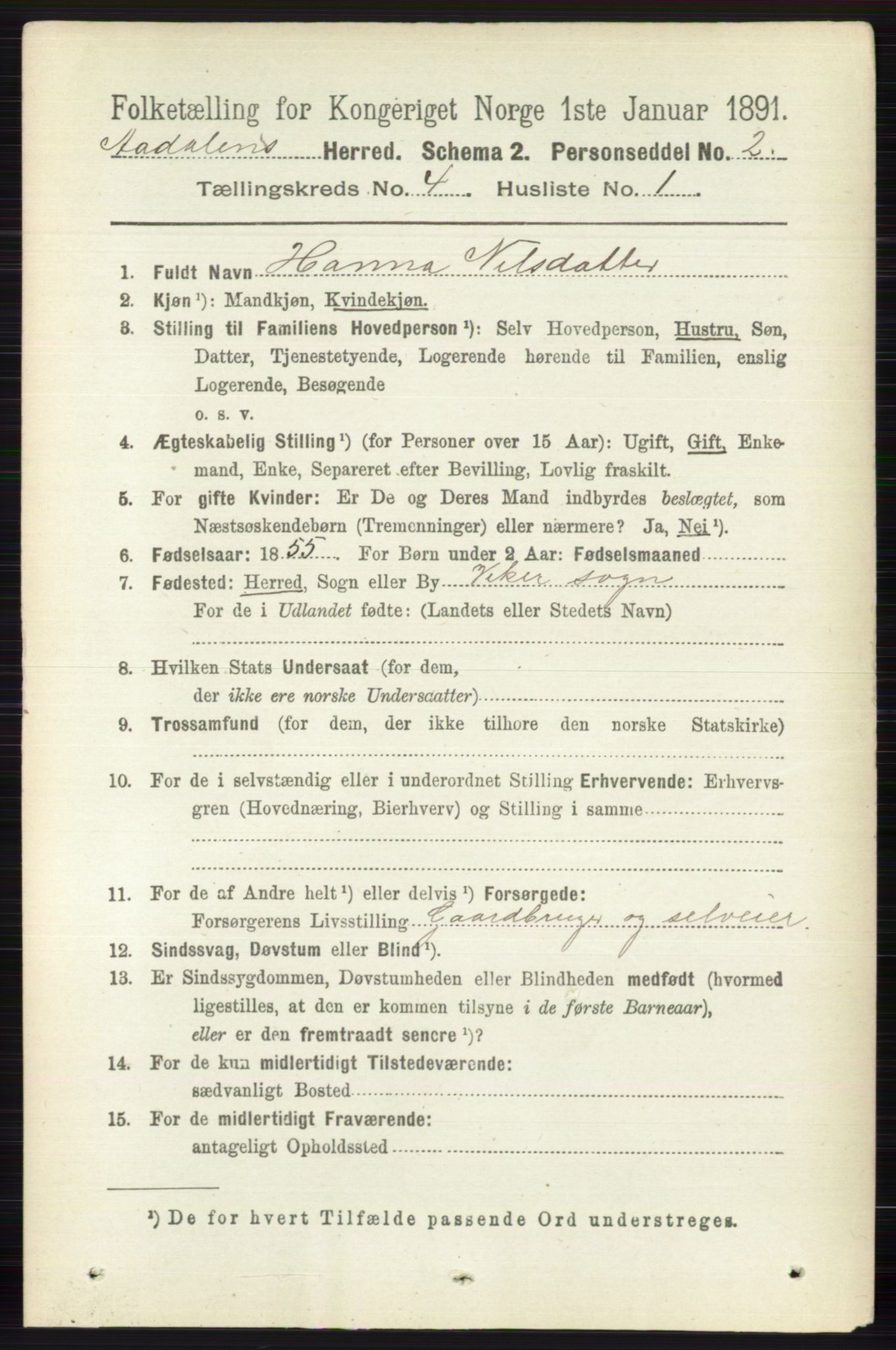 RA, 1891 census for 0614 Ådal, 1891, p. 1522