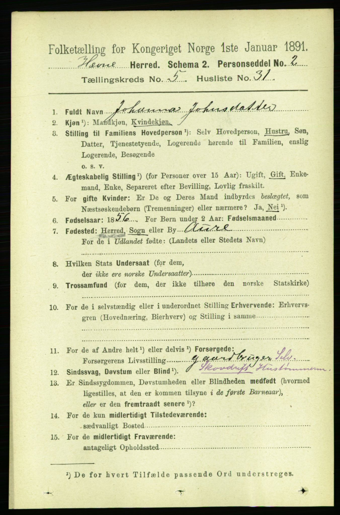 RA, 1891 census for 1612 Hemne, 1891, p. 2661