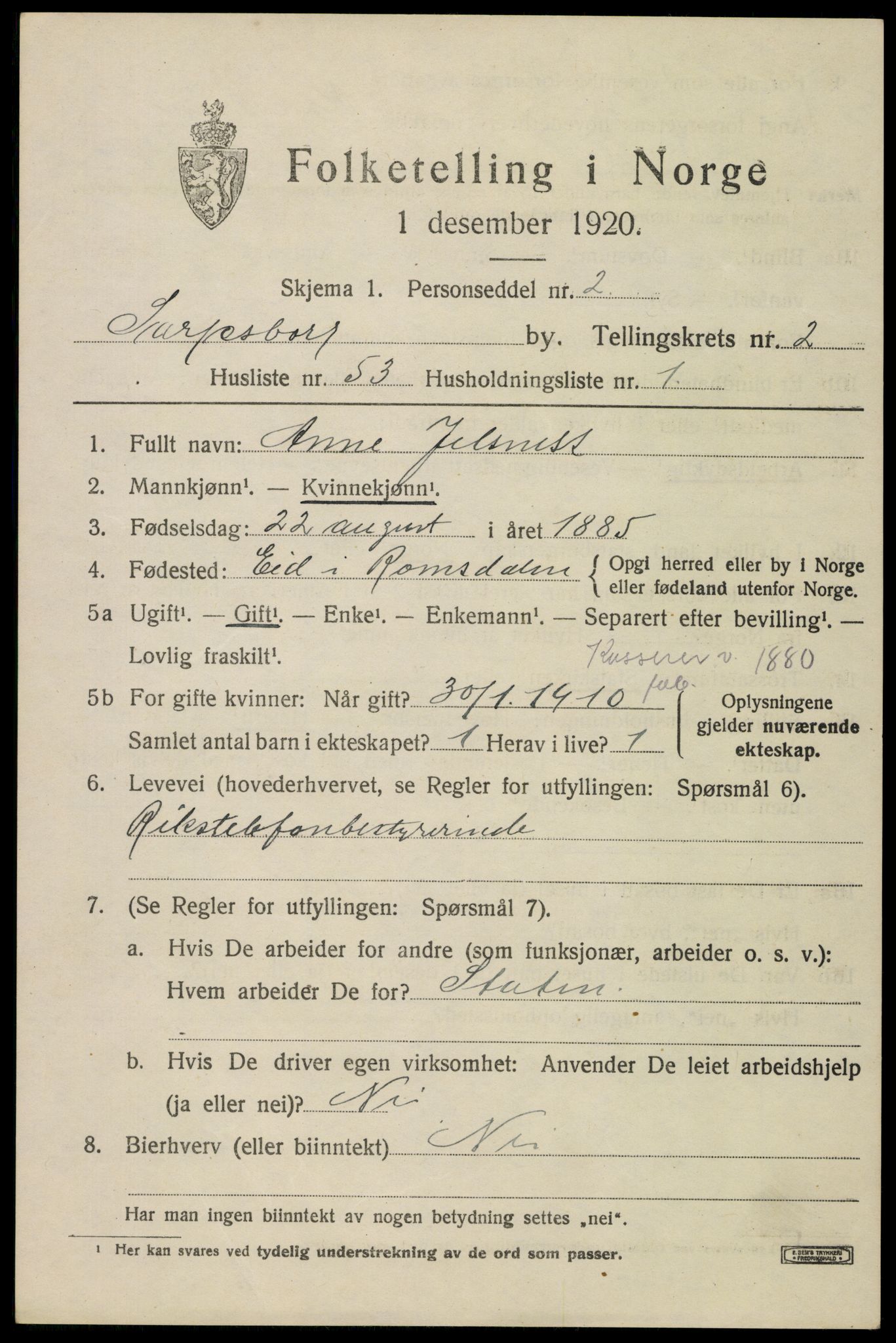 SAO, 1920 census for Sarpsborg, 1920, p. 10264